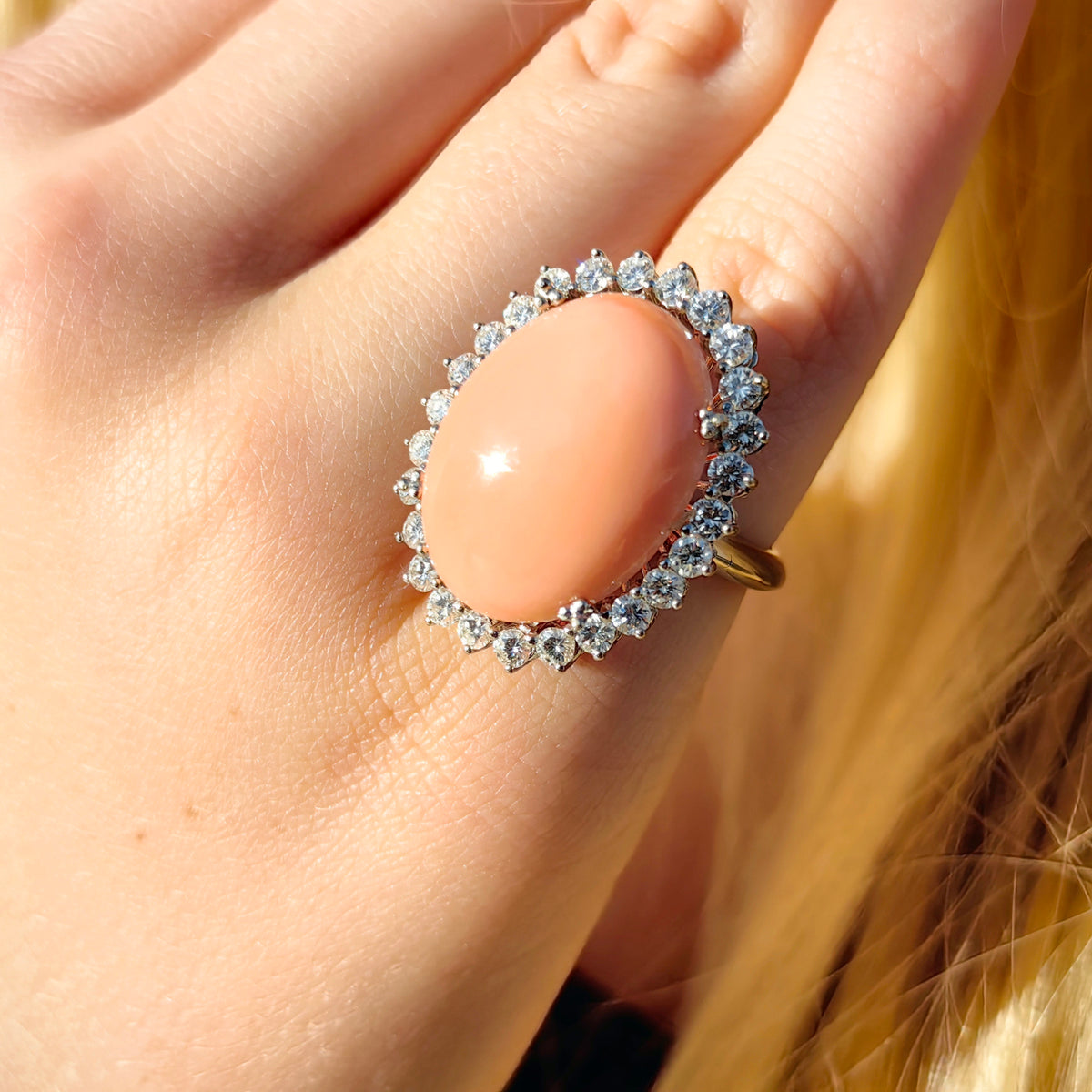 1960s Mid-Century Angel Skin Coral Diamond Ring, 21mm Coral, 1.30ct Diamonds, 18k White Gold, US 5