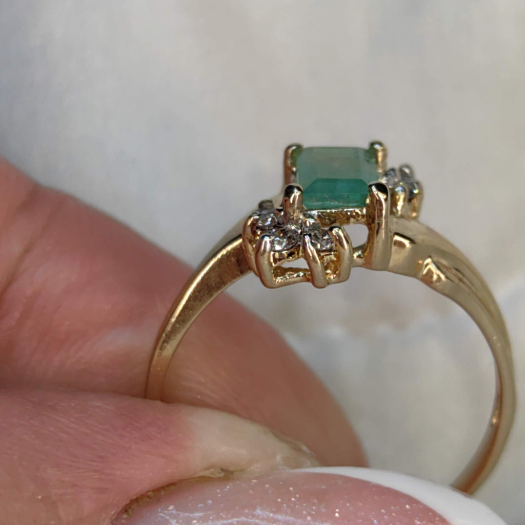 Vintage Square Green Natural Emerald Diamond 14k Solid Yellow Gold Antique Engagement Ring Dainty Stackable Band Gift for Her