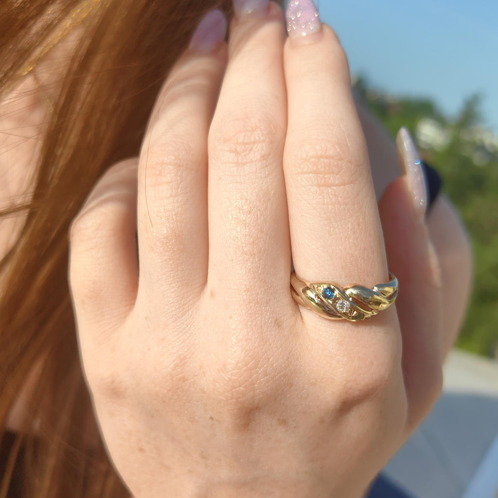 Natural Green Emerald Blue Sapphire Diamond 14k Solid Yellow Gold Vintage Antique Wave Shaped  Multi Stone Elegant Band Engagement Ring