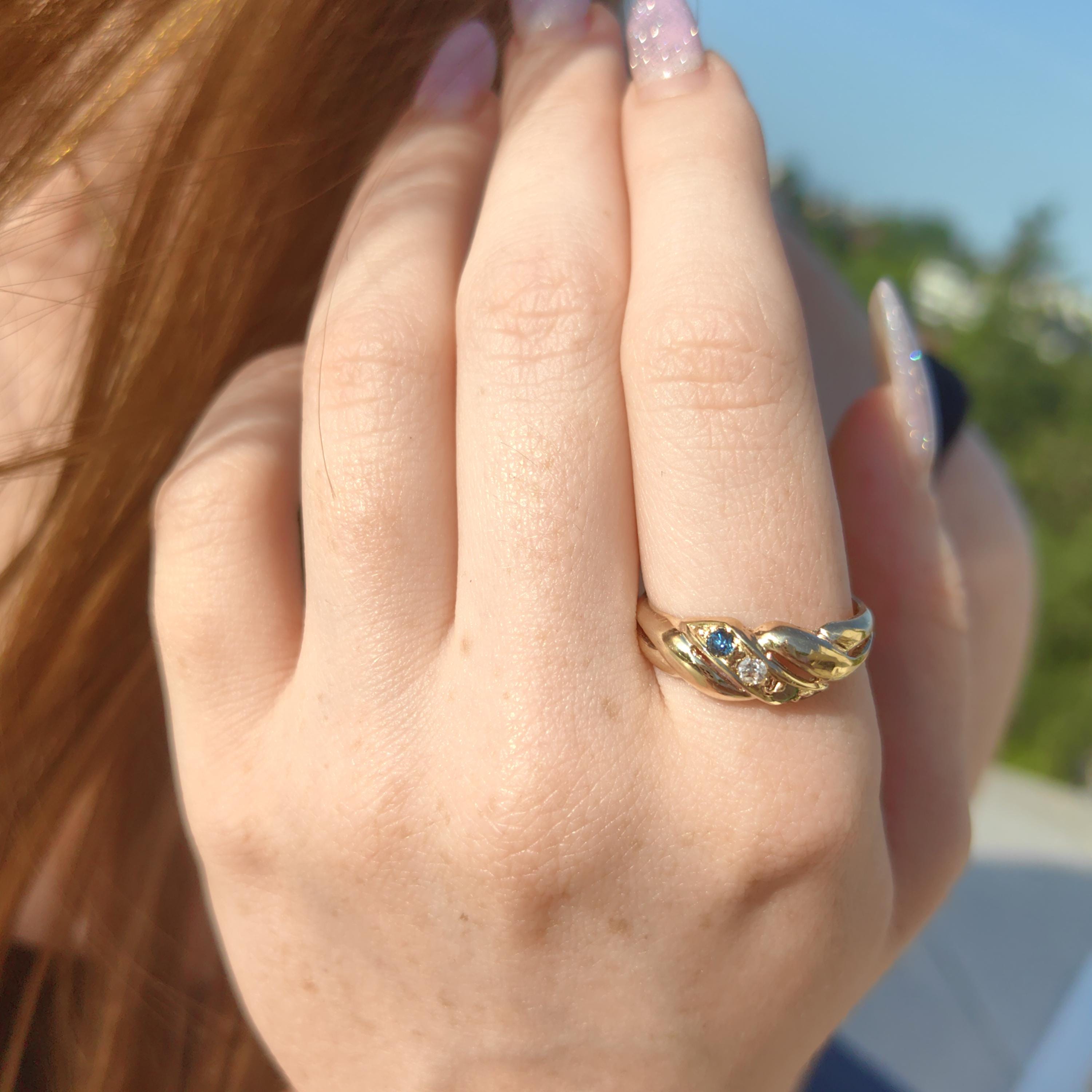 Natural Green Emerald Blue Sapphire Diamond 14k Solid Yellow Gold Vintage Antique Wave Shaped  Multi Stone Elegant Band Engagement Ring