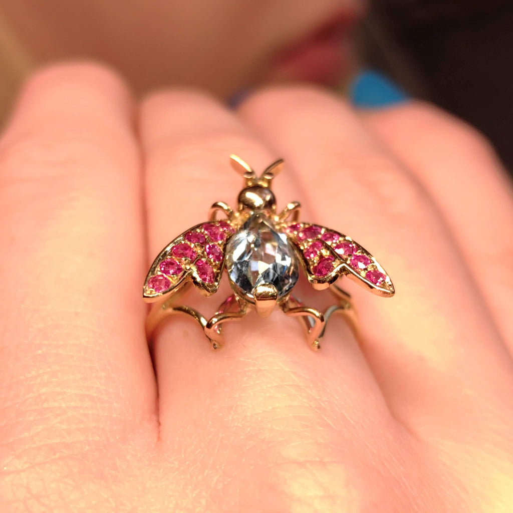 Vintage Light Blue Topaz Red  Ruby Solid 18k Yellow Gold Insect Fly Bee Statement Ring Mid Century 1950s Elegant Gift for Her  Present