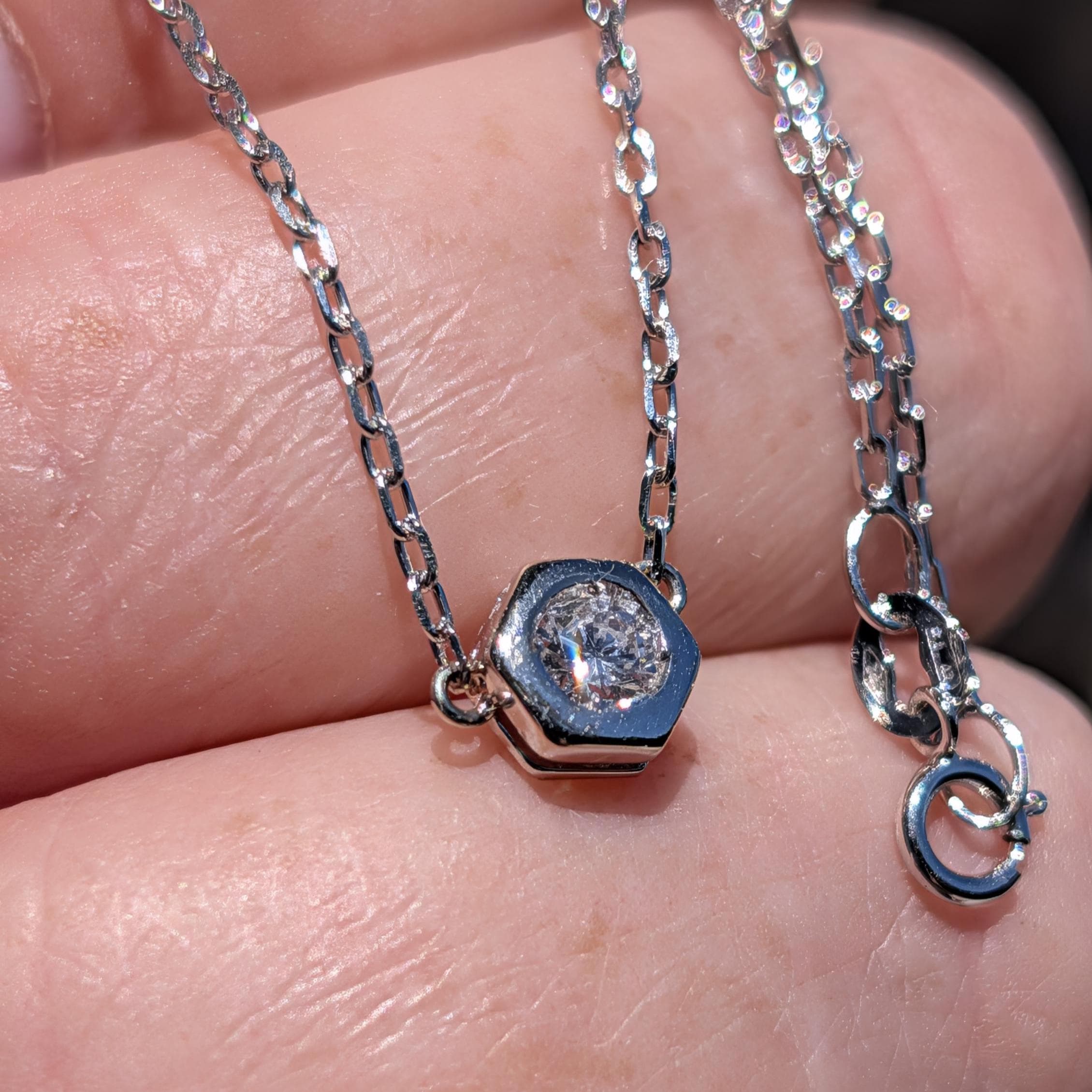 Vintage 14k and  9k 375 White Gold Diamond Necklace, 1950s Brilliant Cut Solitaire Pendant, Dainty Adjustable Gift for Her