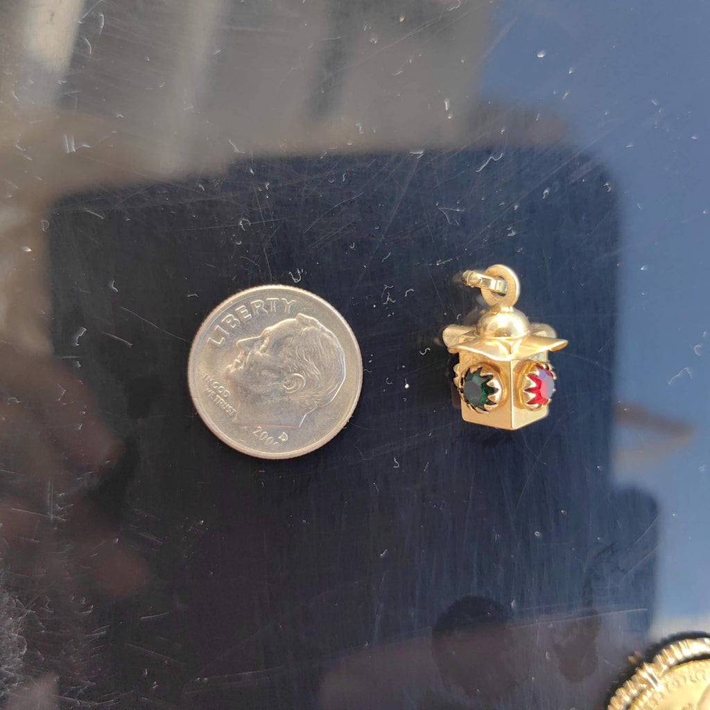 18k Gold Art Deco Pendant: Red & Green Paste Stone Charm