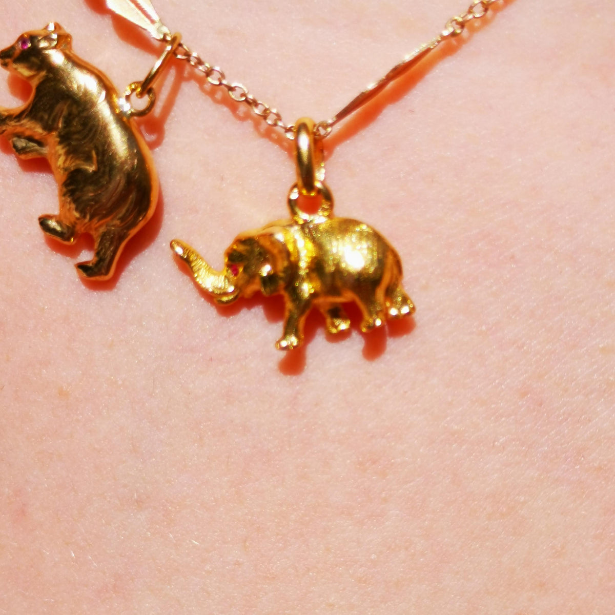 Vintage 18K Gold Elephant Charm: Genuine Ruby Pendant