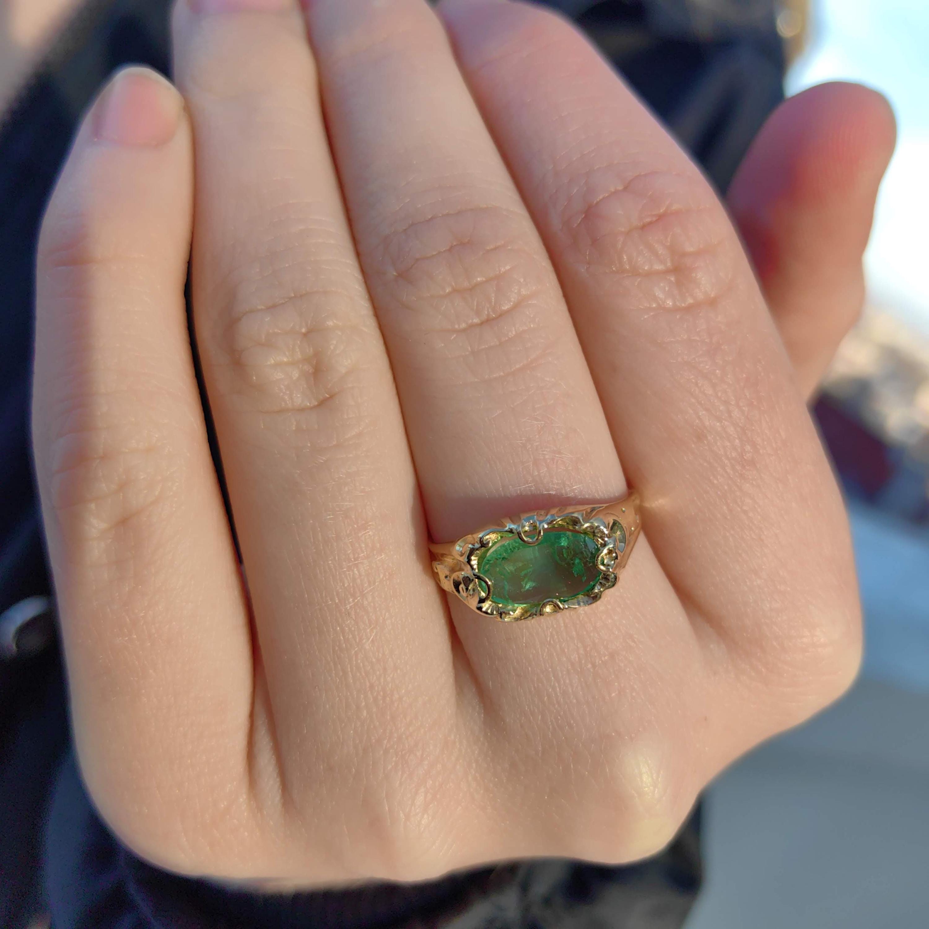 Victorian Natural Emerald  18k Solid Yellow Gold Hallmarked Antique  1880s Band Solitaire Statement Ring US Duty Free HTS 9706
