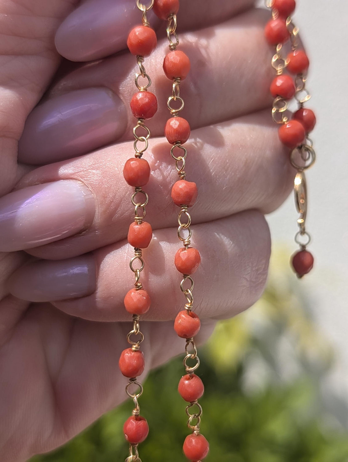 Vintage 1980s Mediterranean Red Coral Beaded Necklace 18k Yellow Gold Hallmarked Faceted Beads Fine Jewelry Gift for Her
