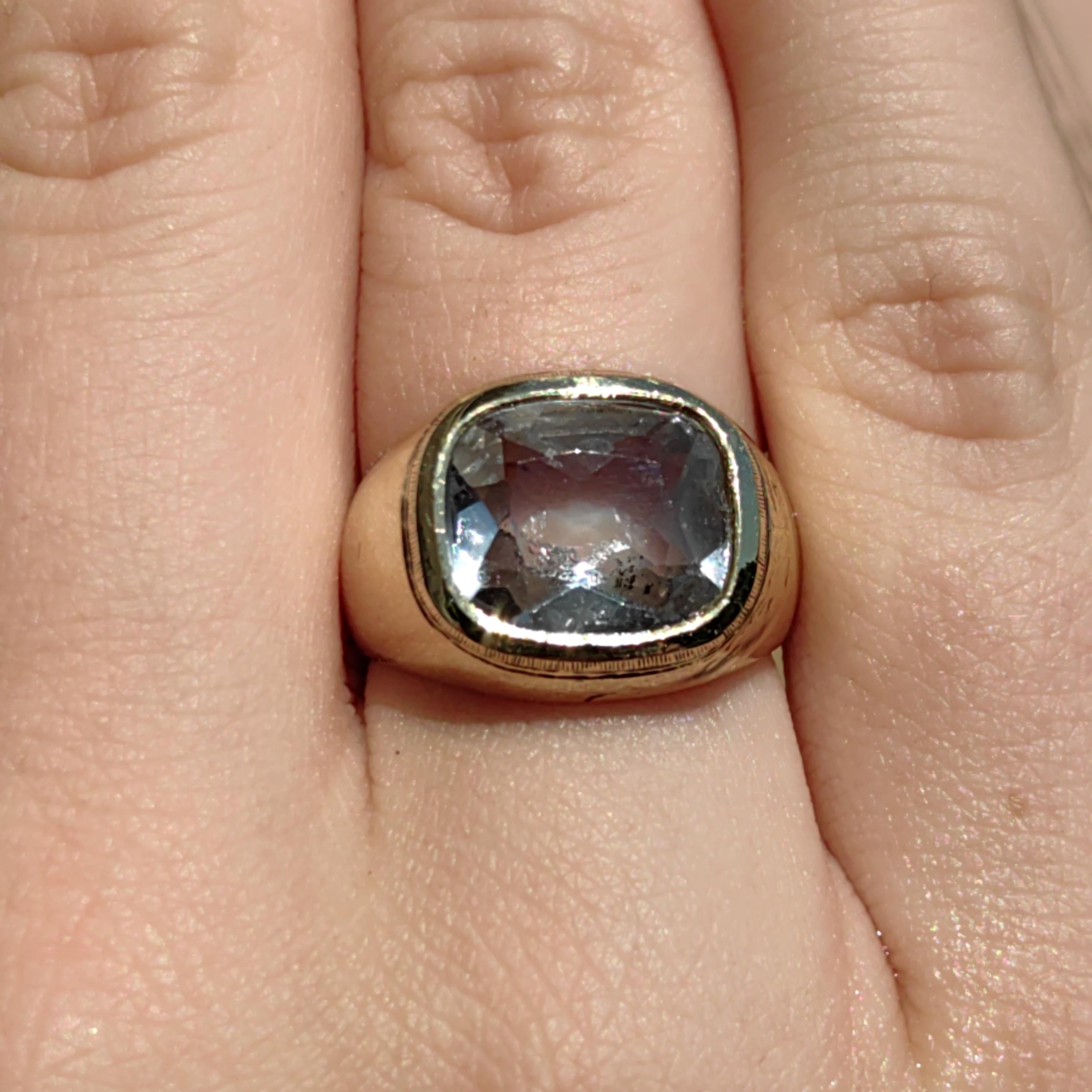 1940s Aquamarine 14k Yellow Gold Ring: Geometric Unisex Statement