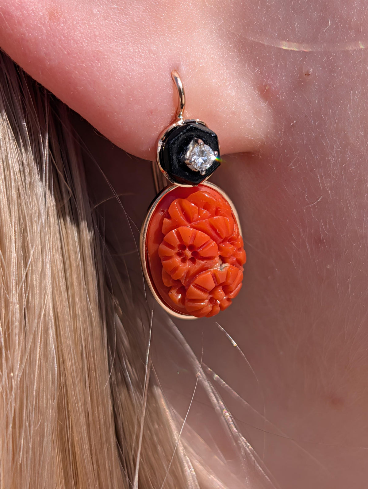 1940s Unique Art Deco Coral Dangle Earrings Hand Carved Floral Diamond Onyx 14k Gold Vintage Estate Statement Drop Earrings Rare