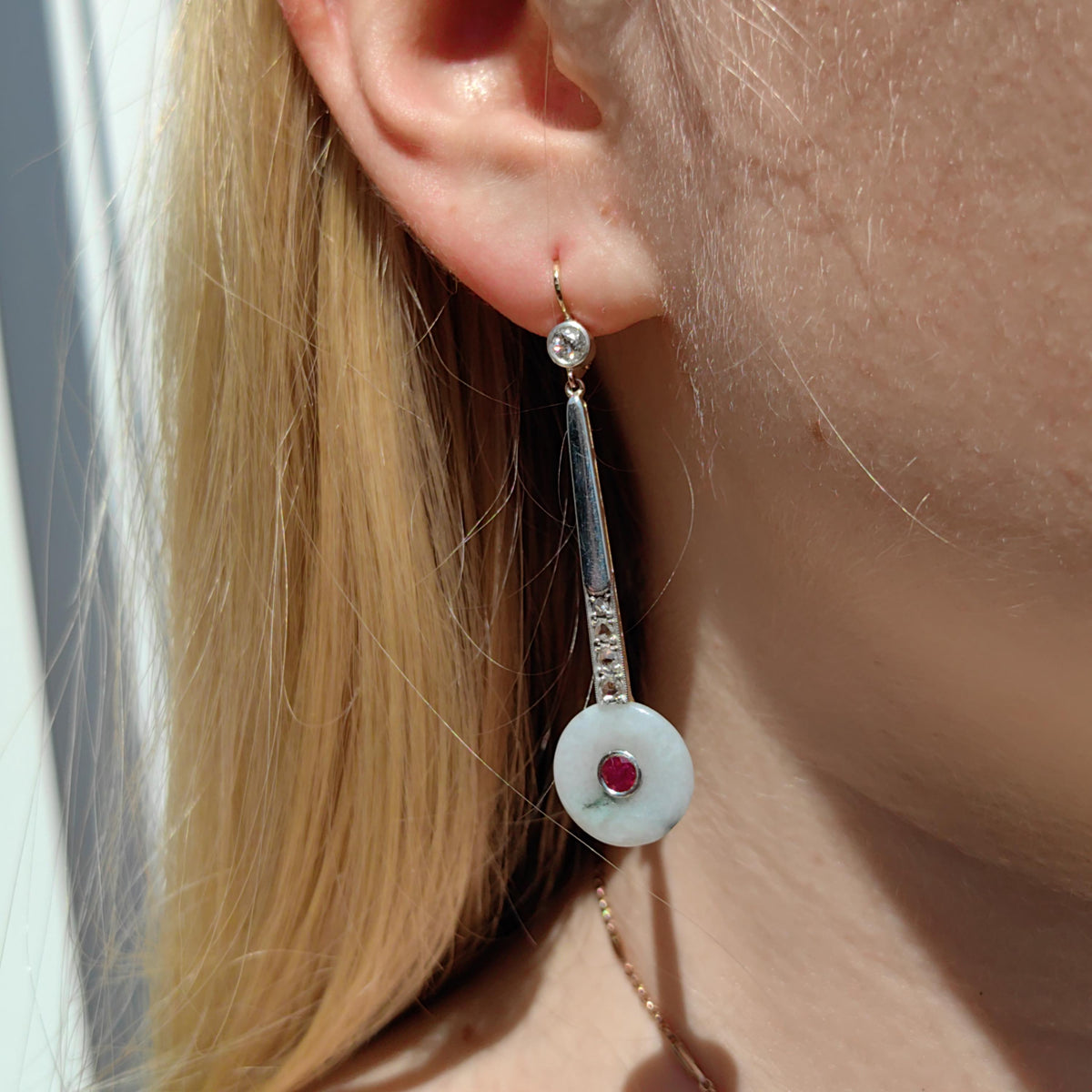Unic Art Deco white/green Jade Drop Dangle Earrings old cut Diamond Natural Ruby 14k Solid white/yellow Gold ancient Jade discs stunning