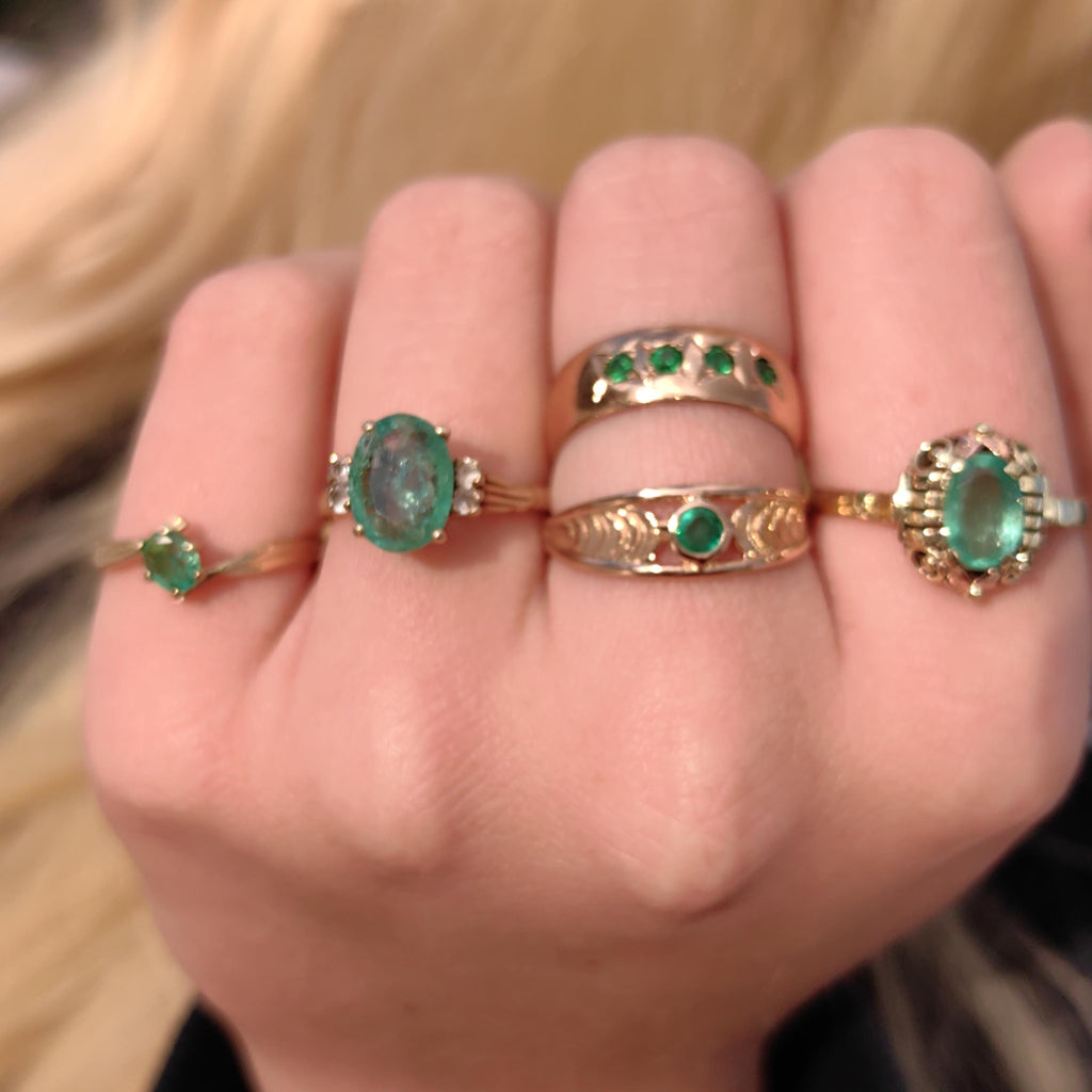 Vintage Mid Century Green Natural Emerald Oval Diamond Solid 14k Yellow Gold Antique Engagement Ring Dainty Stackable Band Gift for Her