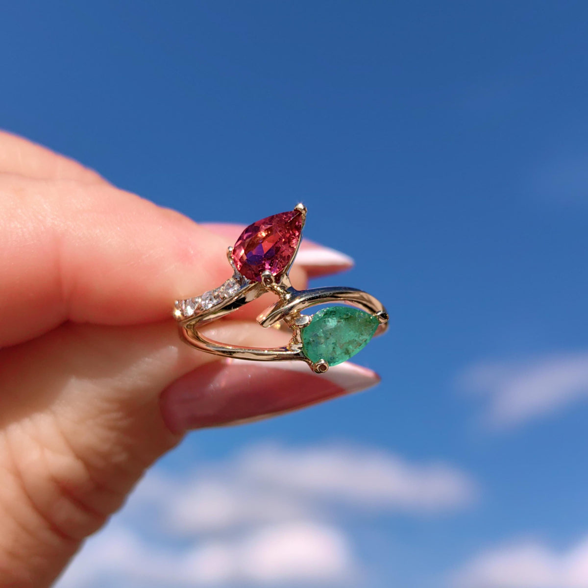Vintage 14k Yellow Gold Tutti-Frutti Ring: Emerald, Tourmaline & Diamond Bypass