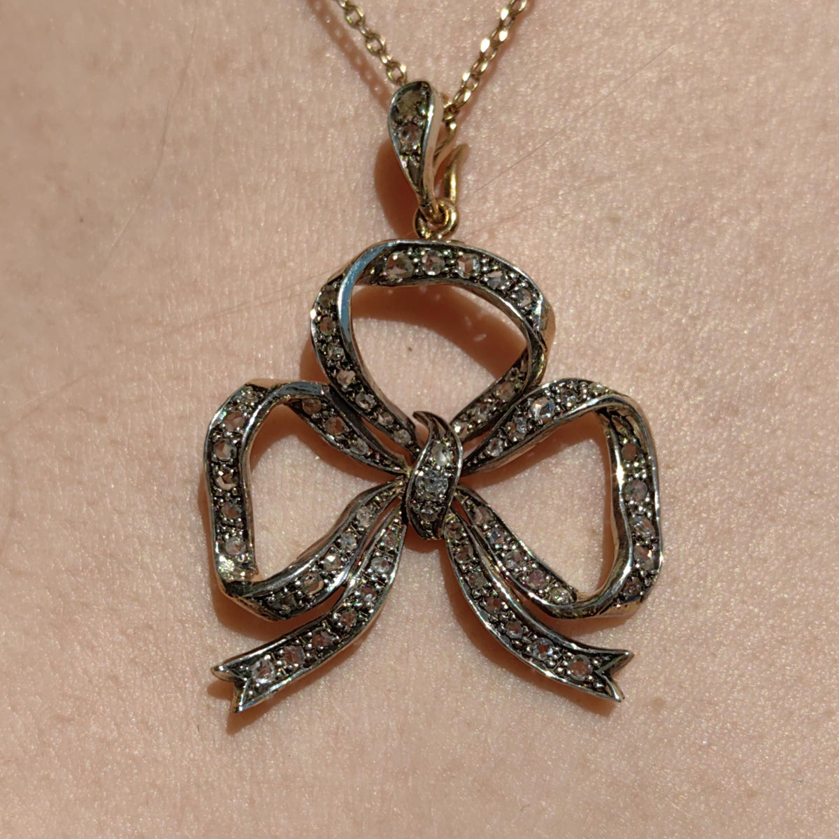 Rose Diamond Solid  Hallmarked Yellow Gold Bow Statement Necklace Pendant, Antique Victorian 1880s Elegant Dainty Gift for Her