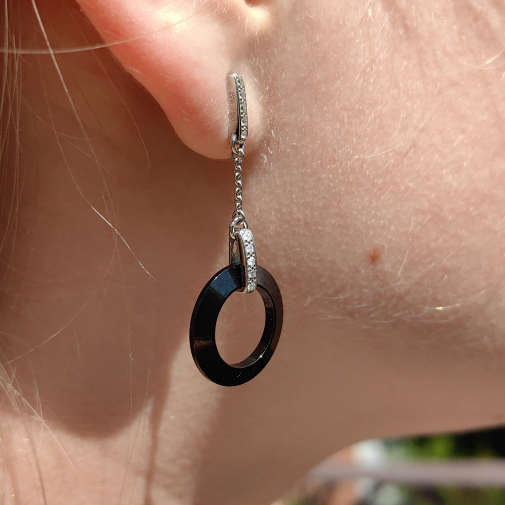 Natural Onyx Diamond 18K Solid White Gold Long Dangle  Drop Earrings Geometric Vintage Retro Statement Earrings Gift for Her