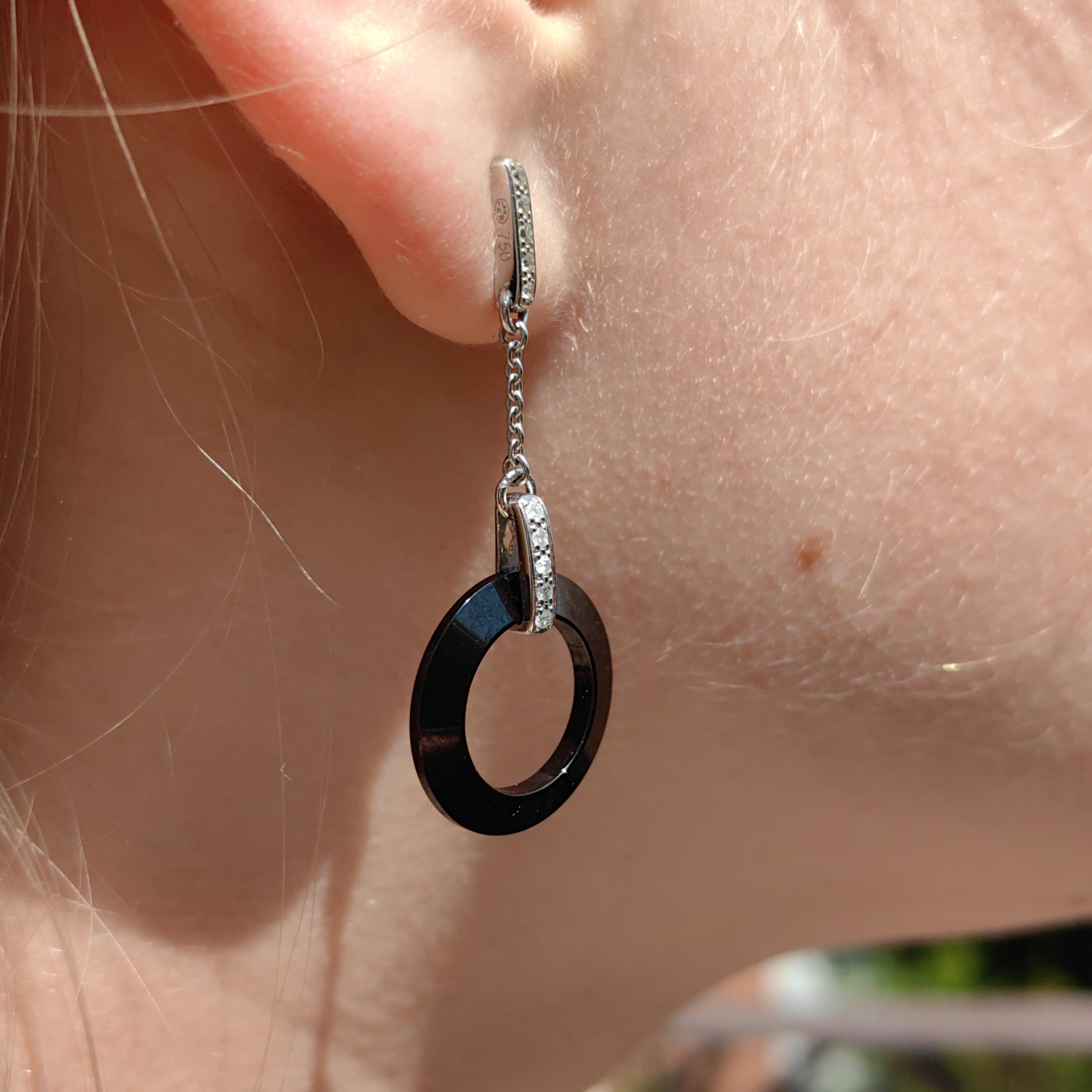 Natural Onyx Diamond 18K Solid White Gold Long Dangle  Drop Earrings Geometric Vintage Retro Statement Earrings Gift for Her