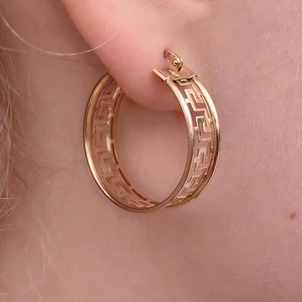 Vintage 14k Gold Hoop Earrings: Greek Meander Versace Style