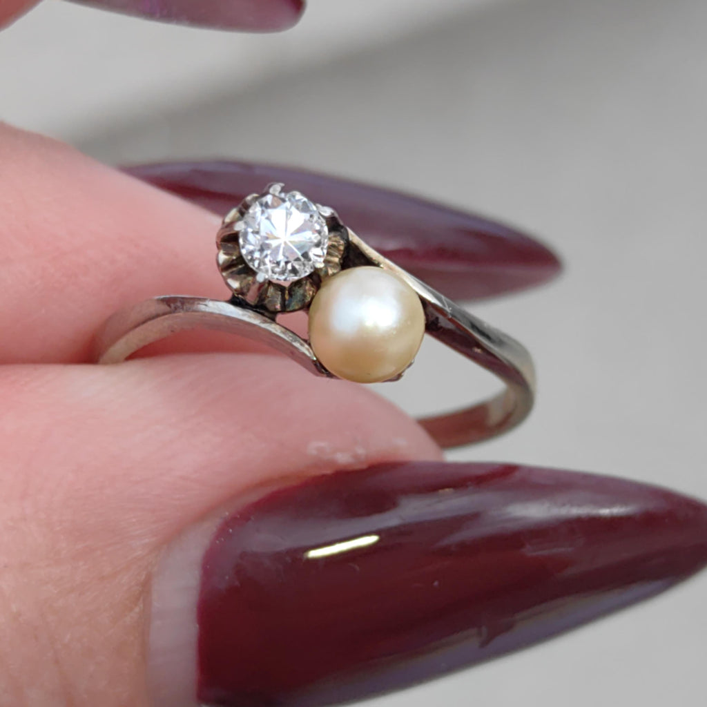 Art Deco Antique Vintage 1940s Cultured Natural Pearl Diamond 18k Solid White Gold Two Stone Wave Elegant Ring Gift for Her