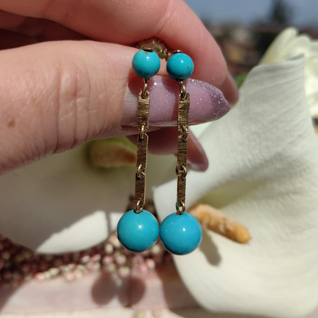 Vintage 1950s Turquoise 18K Gold Dangle Earrings