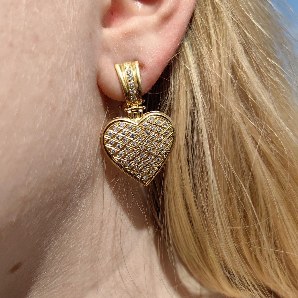 Antique Diamond Heart Earrings: 18k Yellow Gold Dangle Earrings