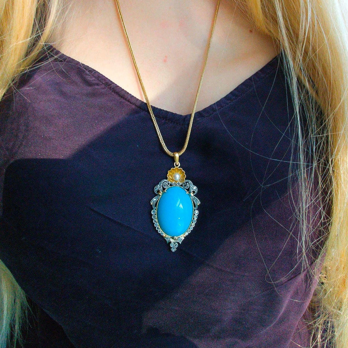 1930s Art Deco Turquoise Pendant: 18k Yellow Gold Diamond Pearl Necklace