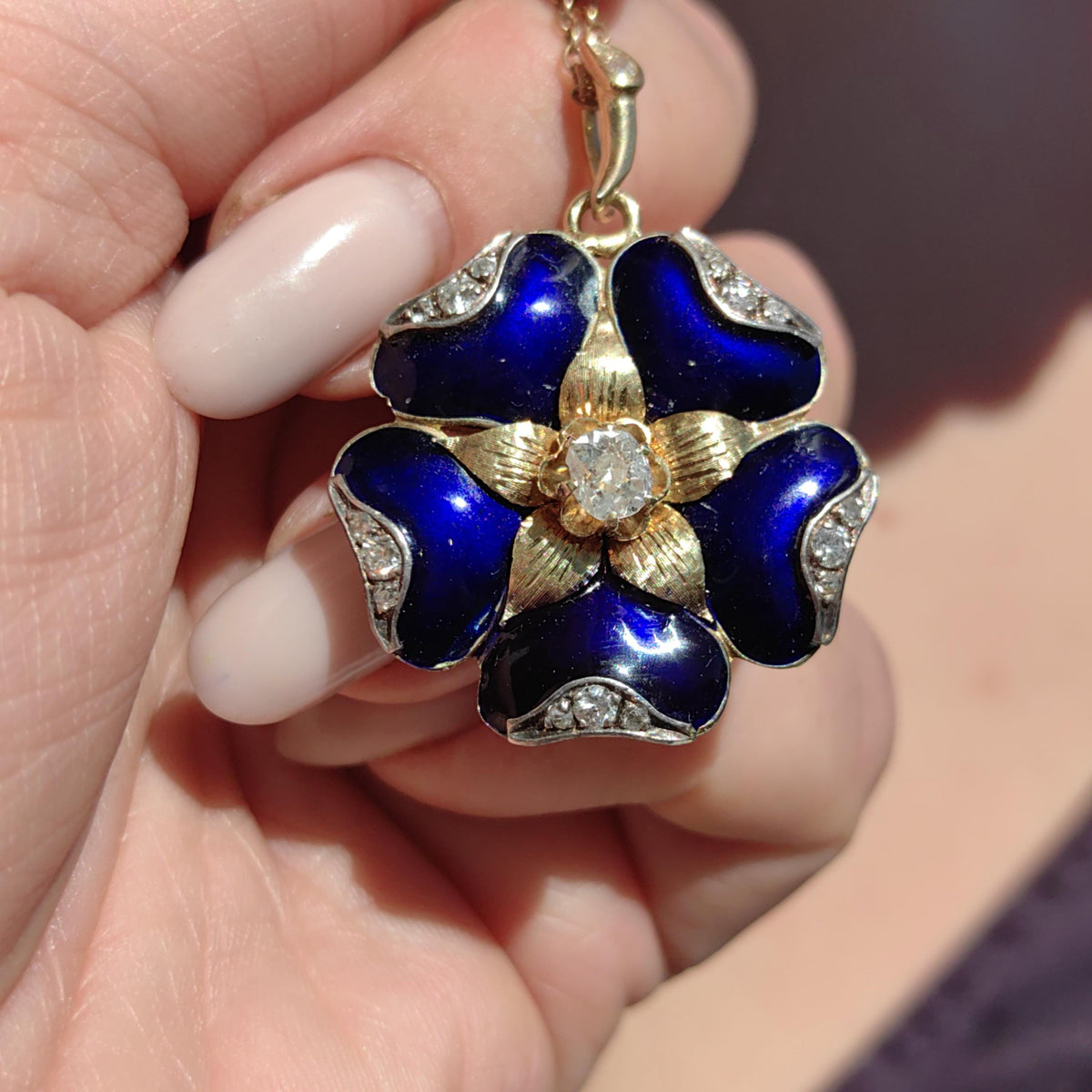 Victorian 1880s Natural Diamond & Blue Hand Painted Enamel Floral Flower Pendant 14k Solid Yellow Gold, Antique Vintage Charm