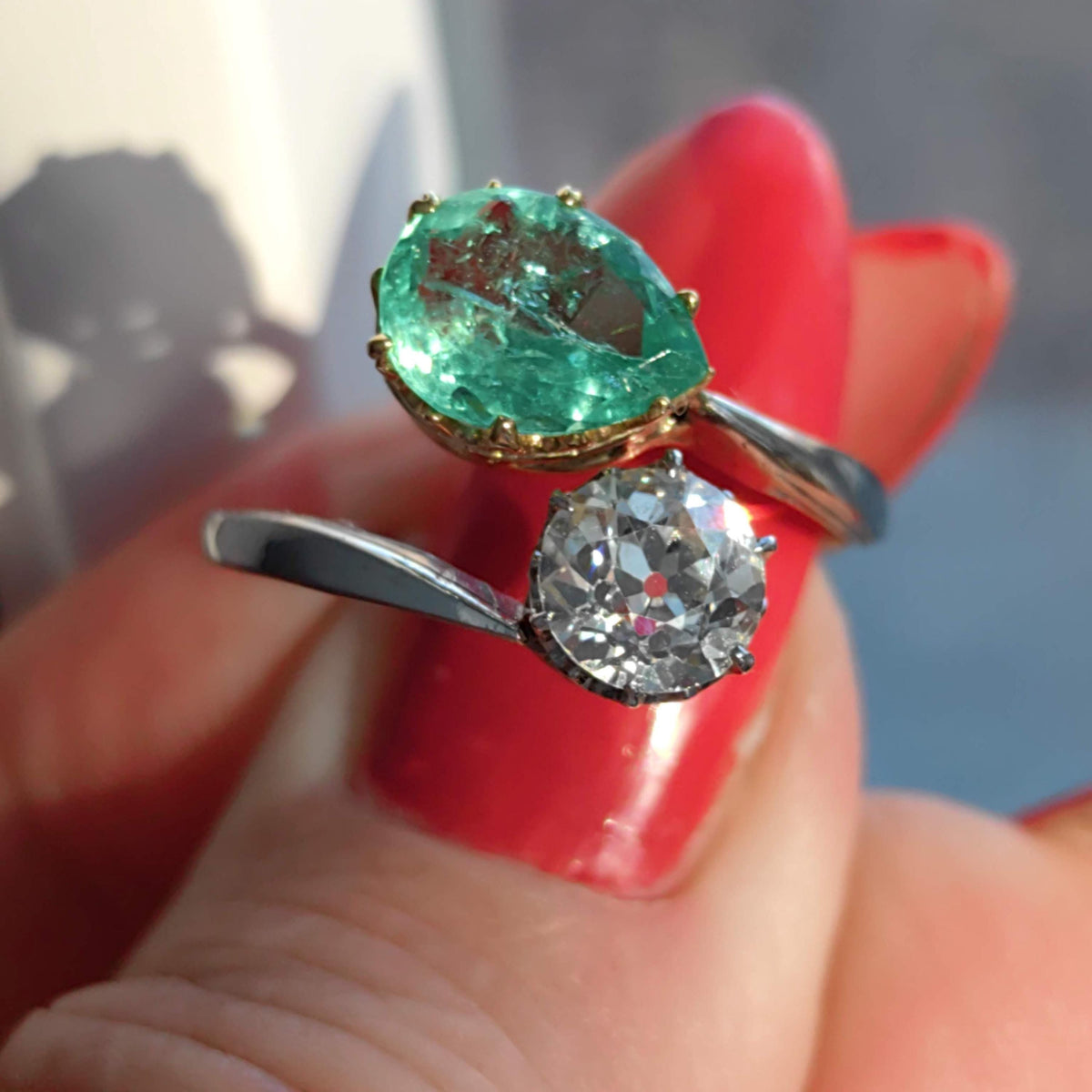 Edwardian Colombian Emerald Diamond Ring: 18k White Gold Antique Engagement Band
