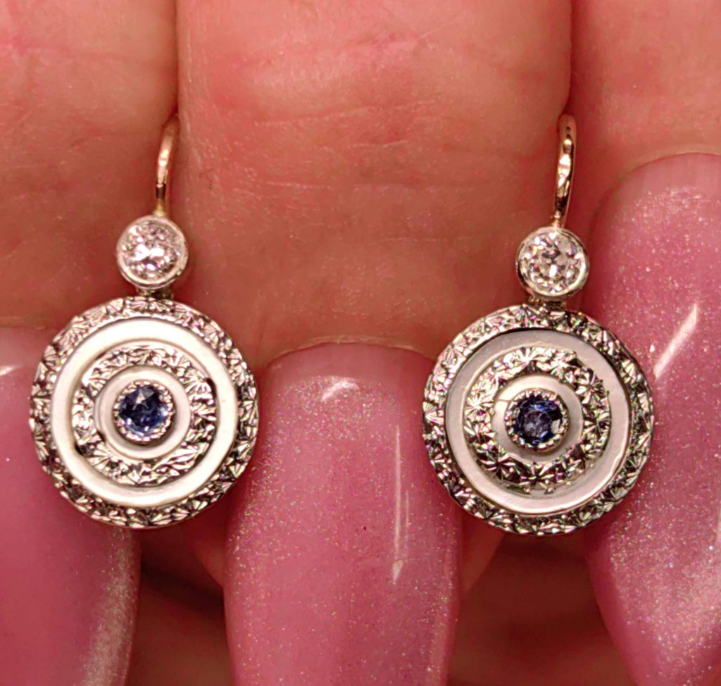 1920s Art Deco Antique Diamond and Sapphire Solid Yellow Gold Elegant Statement Earrings Lever Back Closure Gift for Her