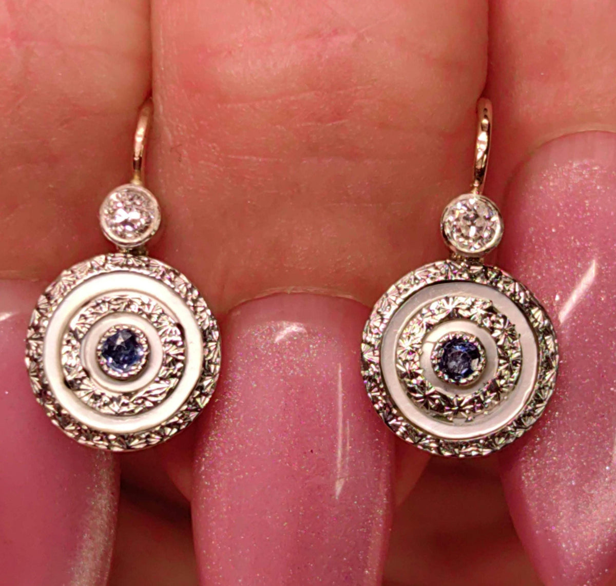 1920s Art Deco Antique Diamond and Sapphire Solid Yellow Gold Elegant Statement Earrings Lever Back Closure Gift for Her
