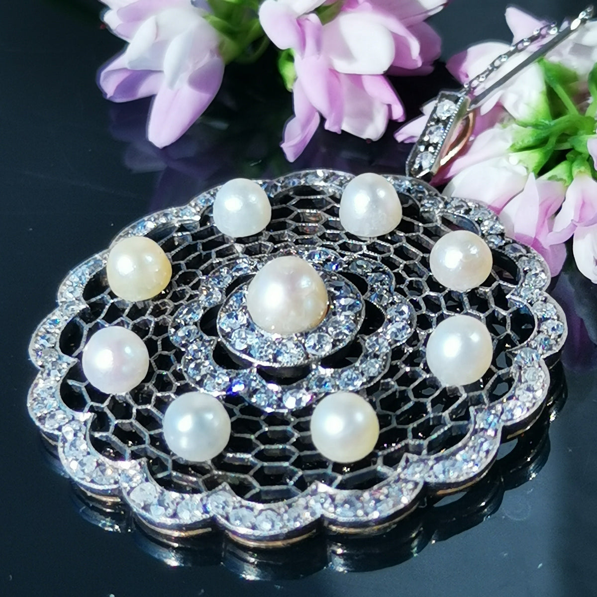 Edwardian 14K Solid Gold Natural Diamond Pearl Statement large Pendant  Antique Art Deco Filigree Handmade Gift for Her