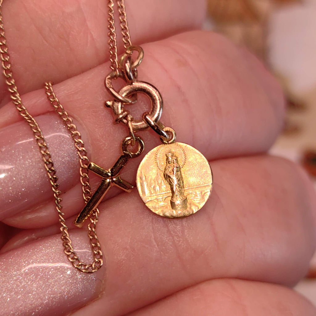 1900s Art Nouveau 14k Solid Yellow Rose Champagne Gold Chain Bracelet Madonna Virgin Mary Cross Christian Catholic Antique Vintage Charm