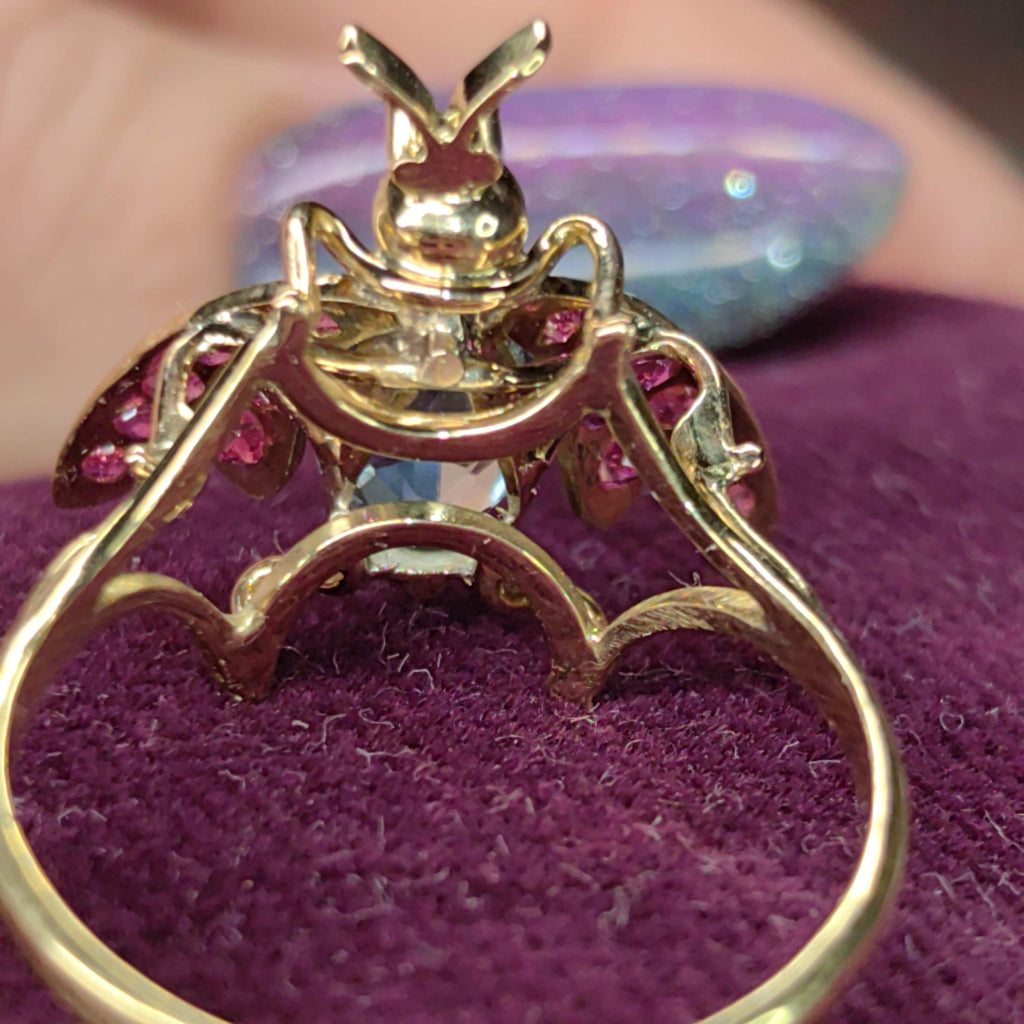 Vintage Light Blue Topaz Red  Ruby Solid 18k Yellow Gold Insect Fly Bee Statement Ring Mid Century 1950s Elegant Gift for Her  Present