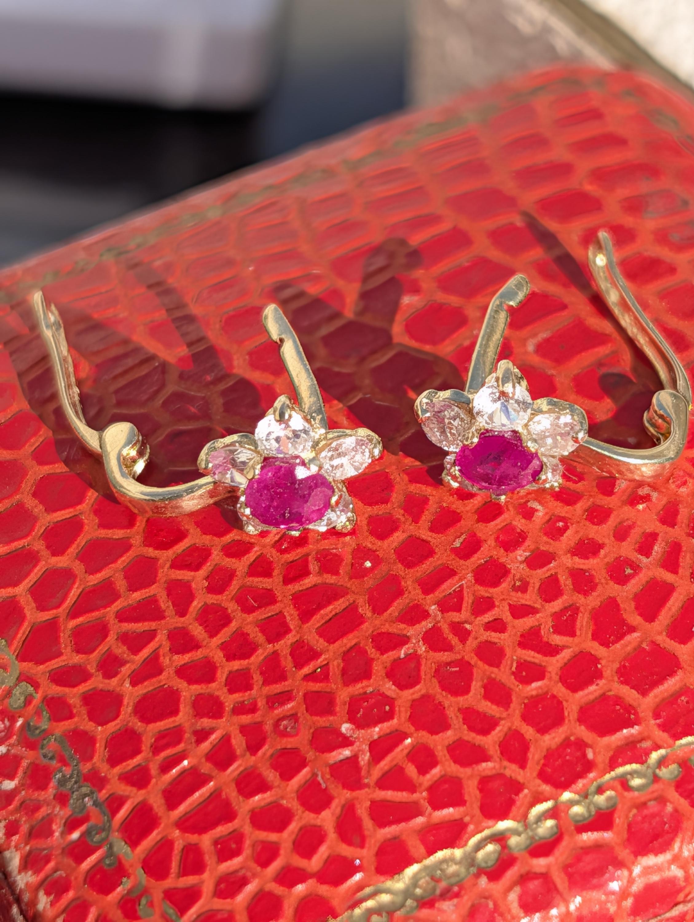Vintage Ruby Diamond Stud Earrings 14K Gold Floral Earrings Natural Ruby Diamond Antique Latch Back Earrings Gift for Her