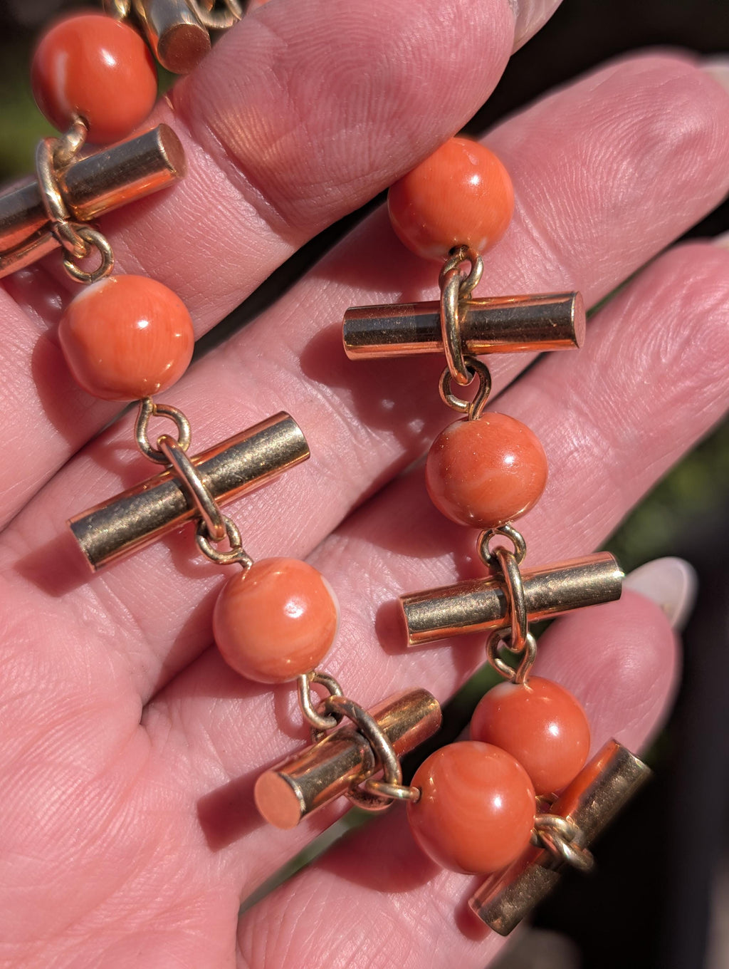 Antique 18kt Champagne Gold Natural Coral Bracelet, Hungarian Import Hallmarked Chain, Red Orange Mediterranean Coral Chic Boho Gift Her Him