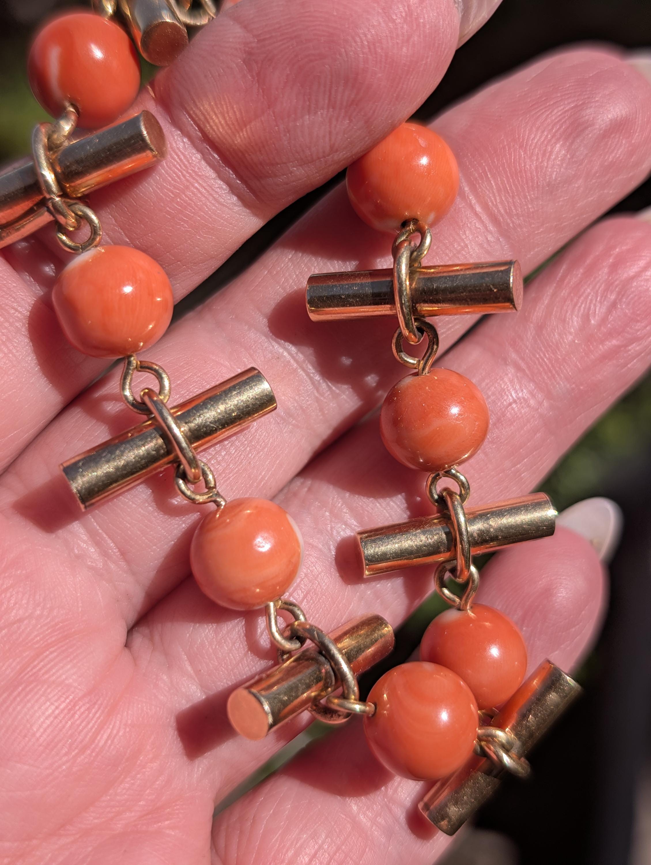 Antique 18kt Champagne Gold Natural Coral Bracelet, Hungarian Import Hallmarked Chain, Red Orange Mediterranean Coral Chic Boho Gift Her Him