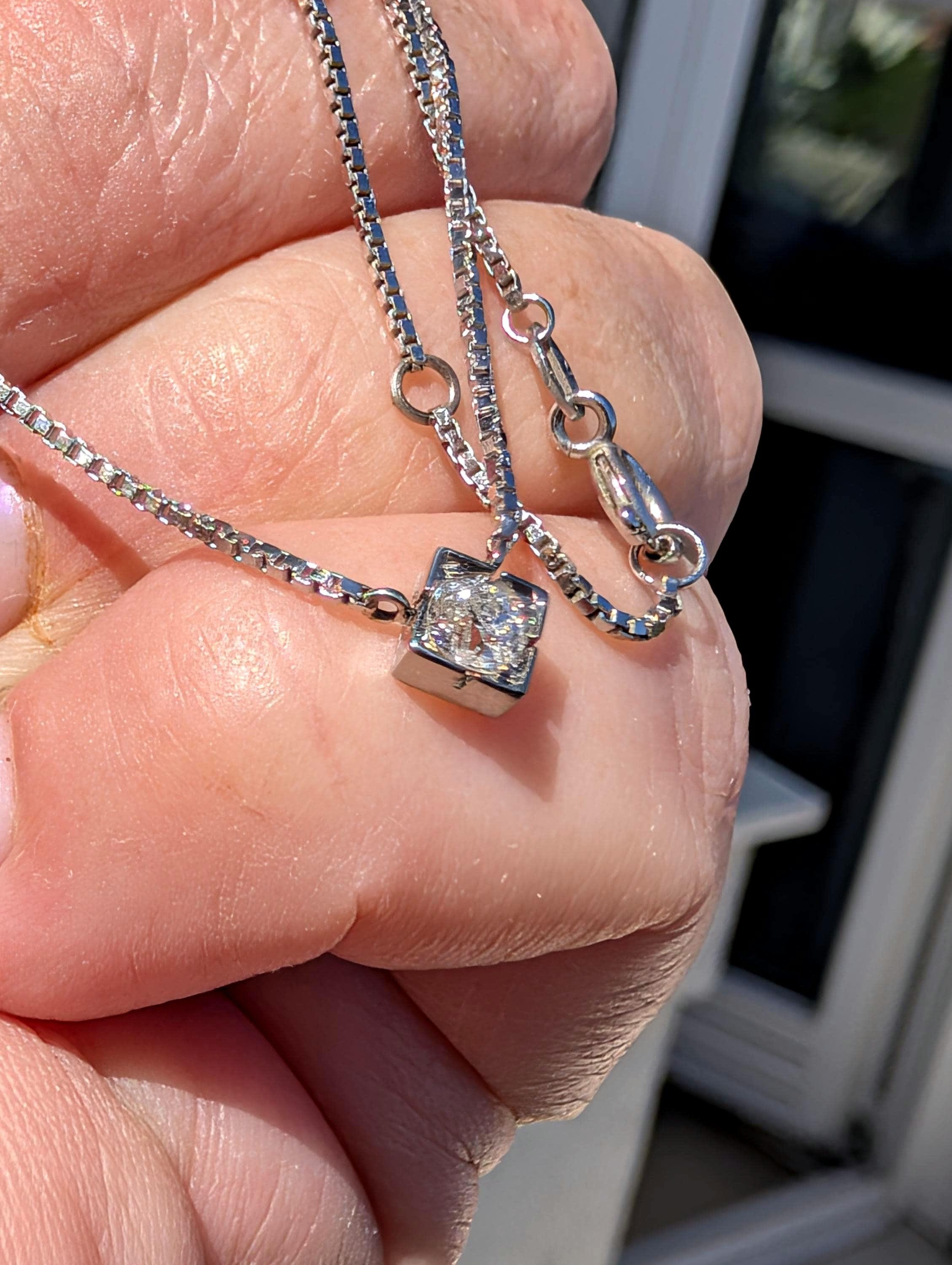 Vintage 14k and 18k White Gold Diamond Pendant Necklace, 1950s Solitaire Old European Cut Pendant, Dainty Elegant Classic Gift for Her