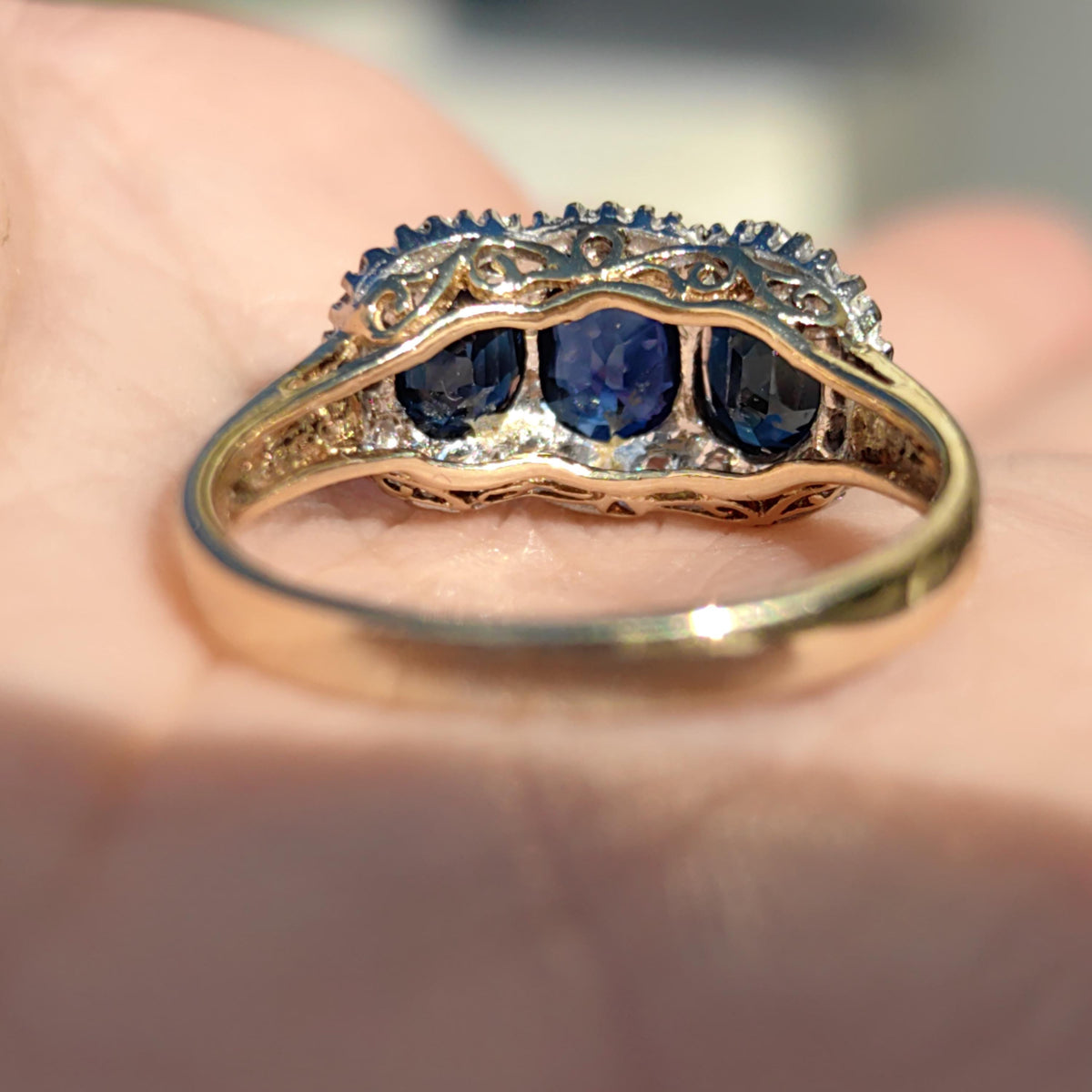 Victorian Style Sapphire Diamond Ring: 14k Yellow Gold, 1950s Vintage