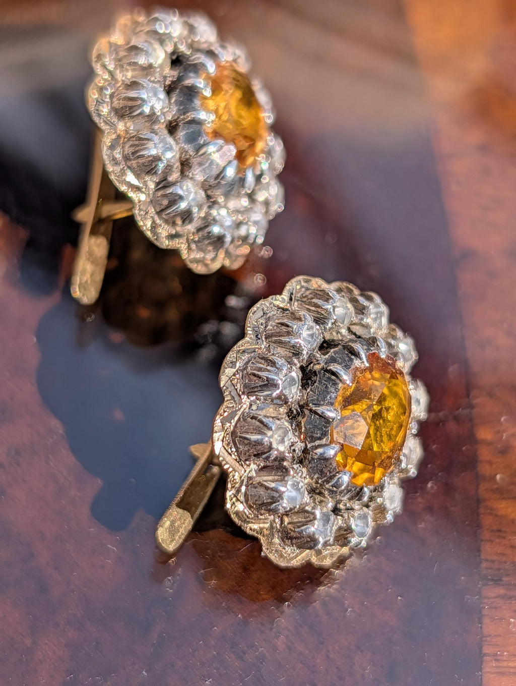 Antique Citrine Diamond Earrings 18K Gold 1940s Vintage Statement Stud Earrings Yellow Gold Floral Cluster Gift for Her