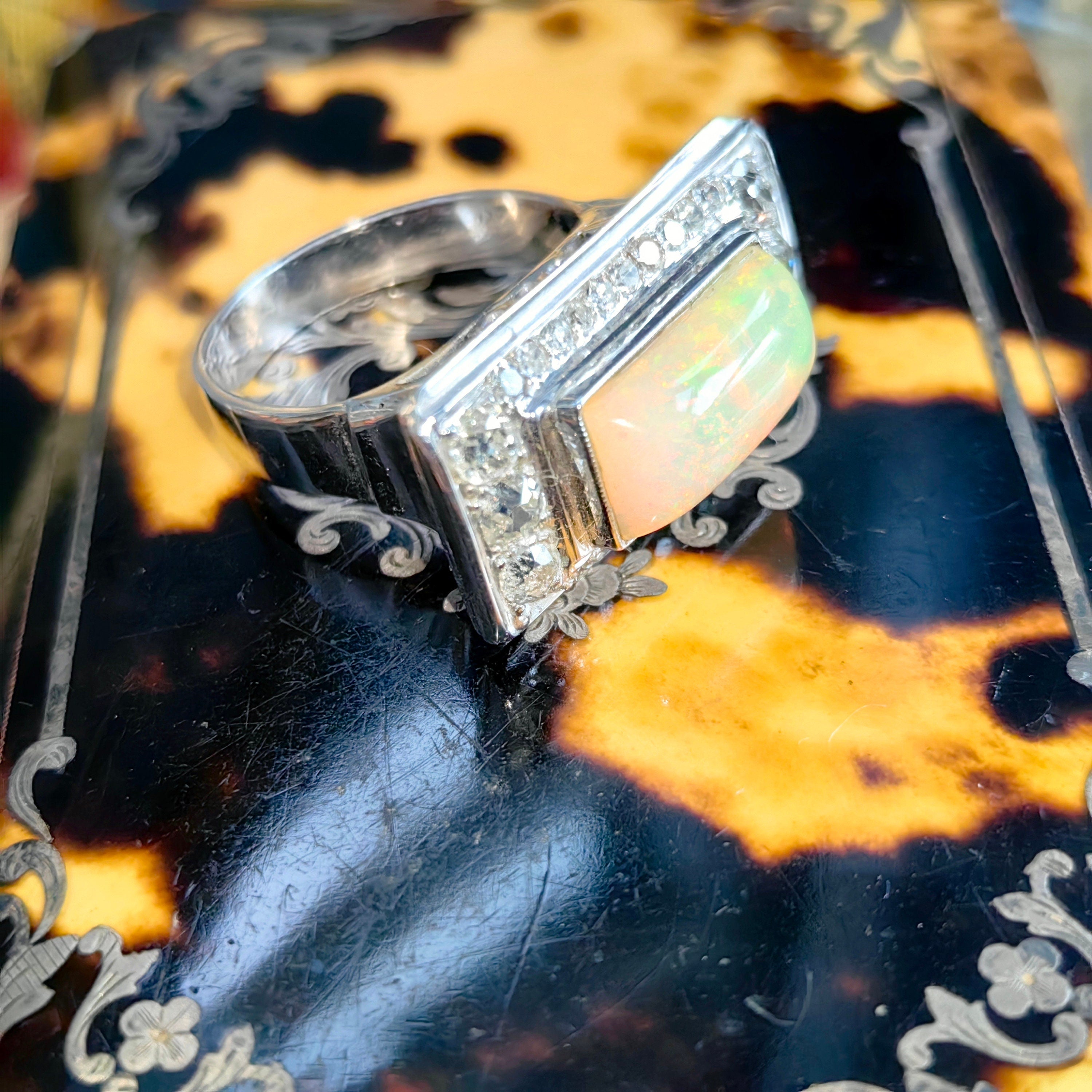 Art Deco Antique Vintage Diamond and Opal 14k White Gold Statement Ring