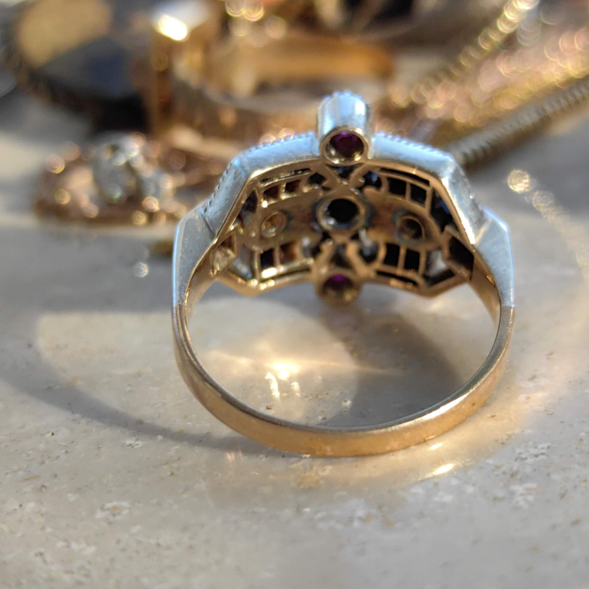 Art Deco Ruby Diamond Ring: 18k Yellow Gold Geometric Statement