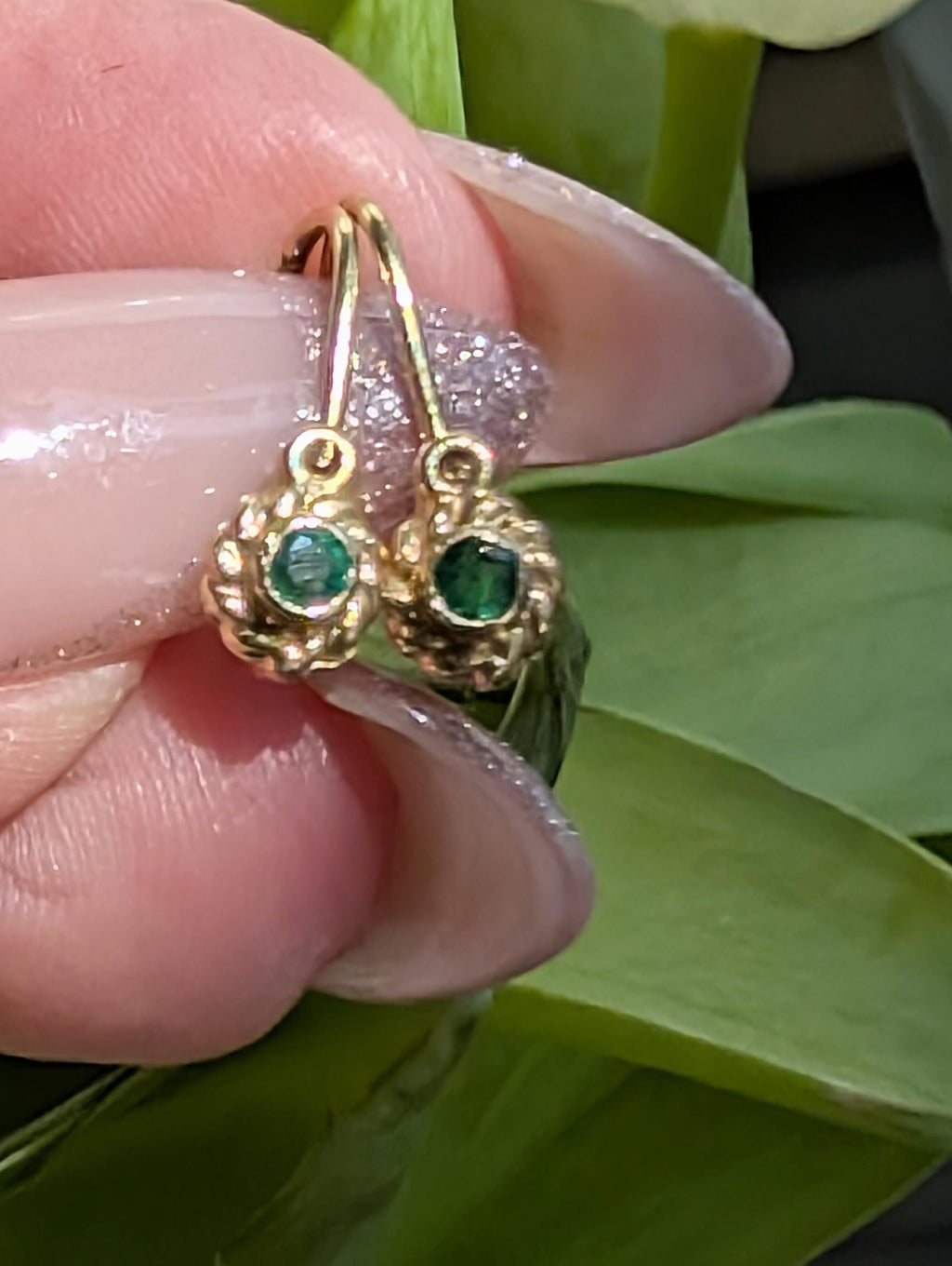 14k 585 Hallmarked Gold Heart Natural Emerald Solid Hallmarked Yellow Champagne 1950s Mid Century Dormouse Gift for her Antique Earrings