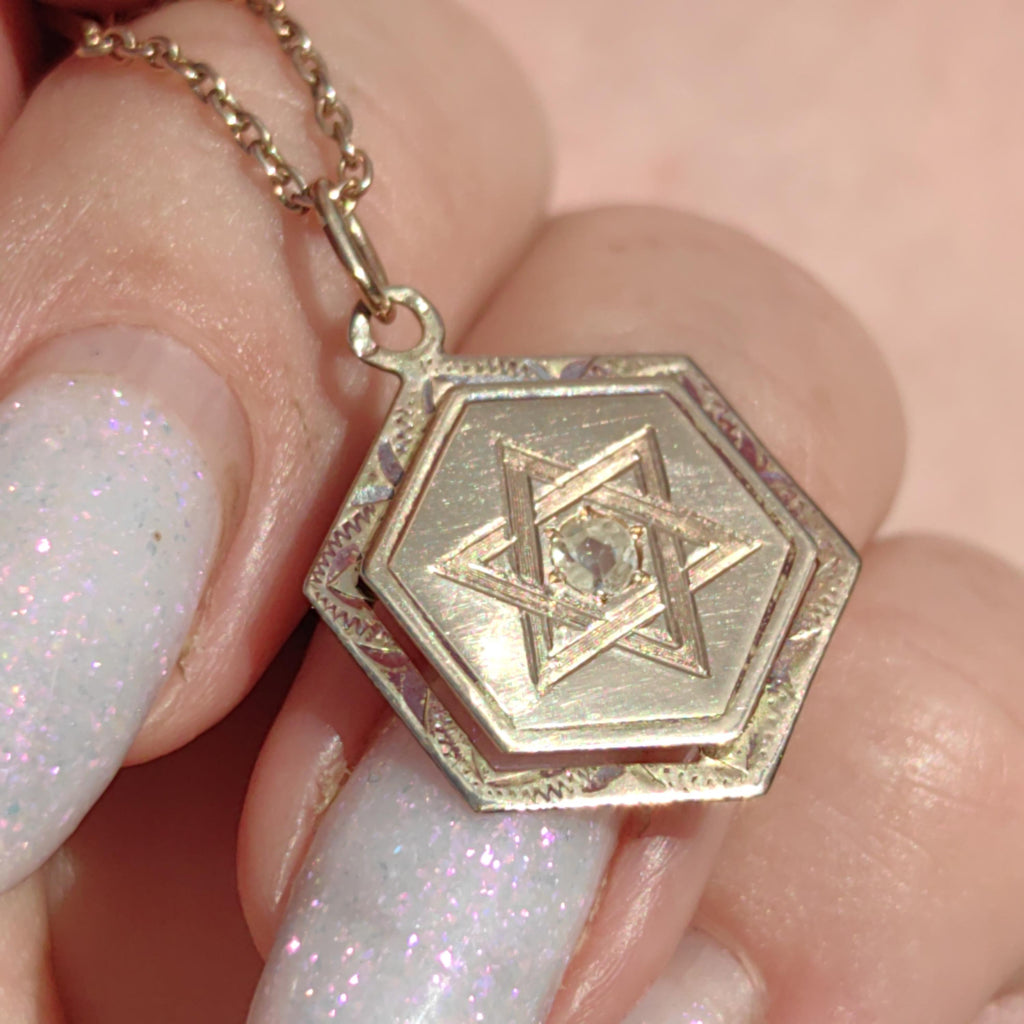Diamond 14k Solid Yellow Gold Davids Star Jewish Judaica Vintage Antique Elegant Hand Carved Chiseled Pendant Charm Gift for Her