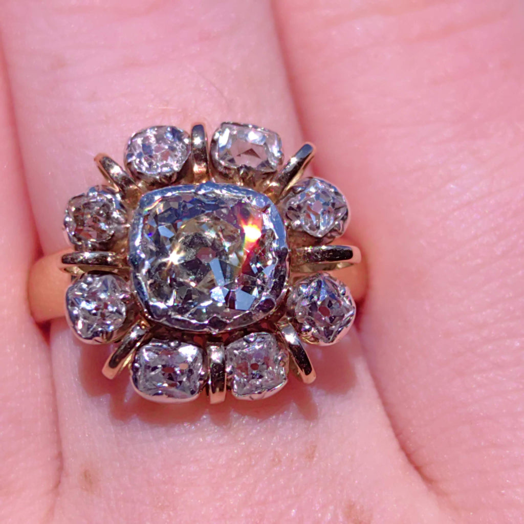 Georgian 18k Yellow Gold Diamond Floral Engagement Ring: Antique Statement Ring