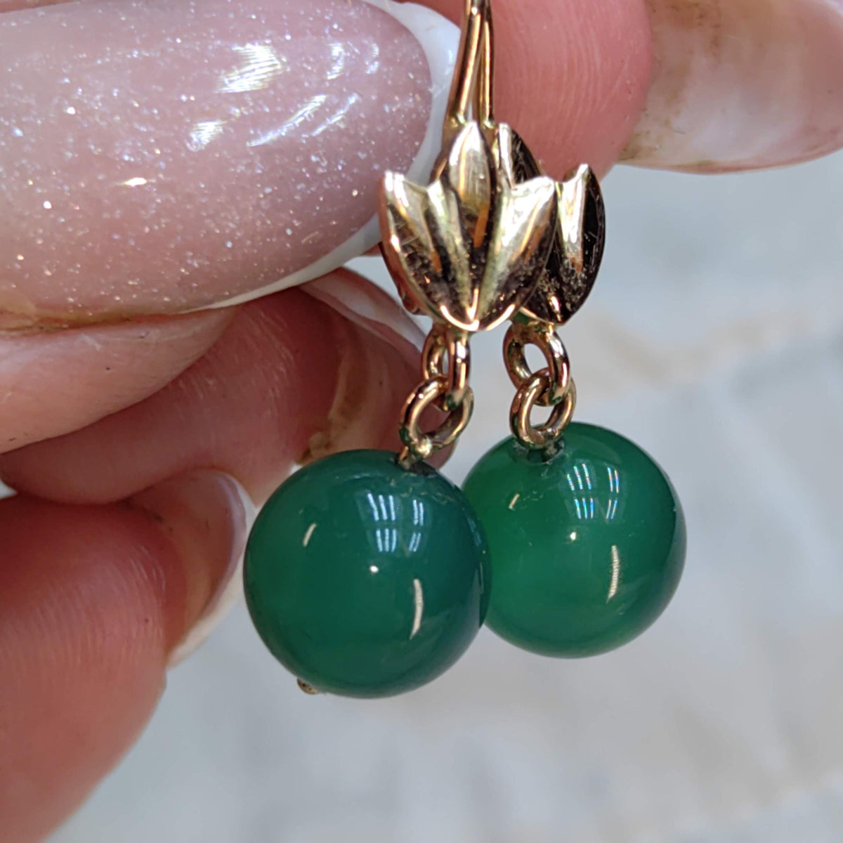 Green Chalcedony 14k Gold Earrings: Vintage 1950s Dormeuse Style