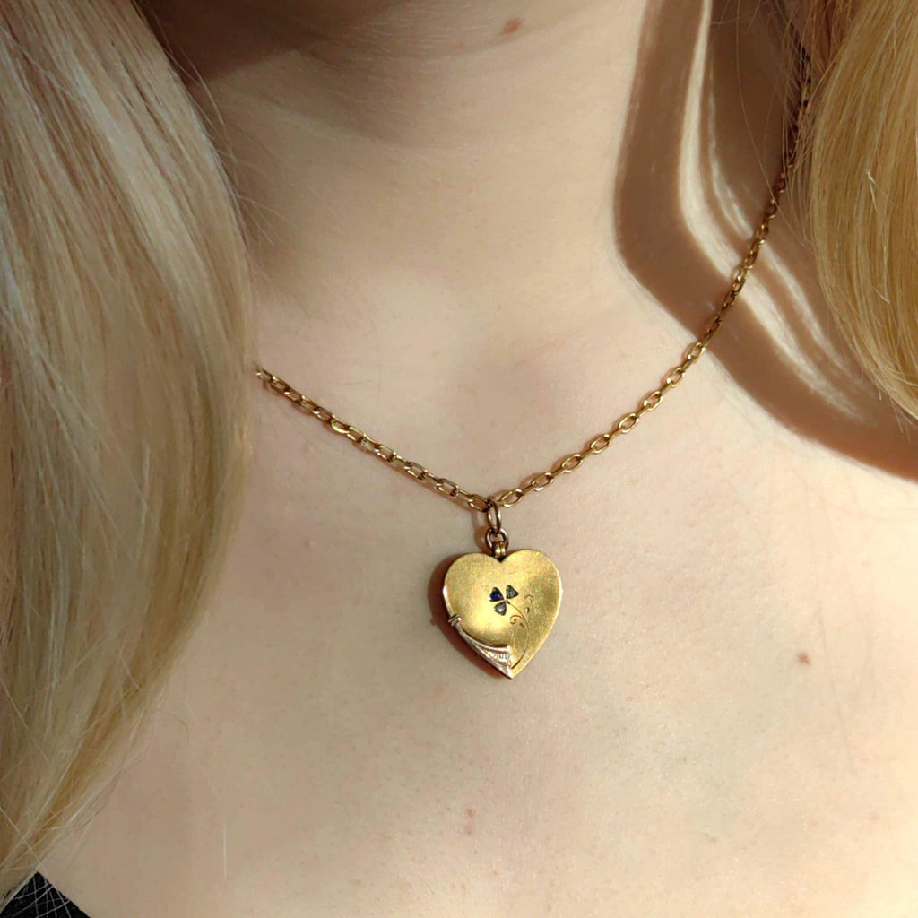 Victorian 14k Gold Heart Pendant: Diamond Sapphire Floral Necklace, 1880s Antique Charm