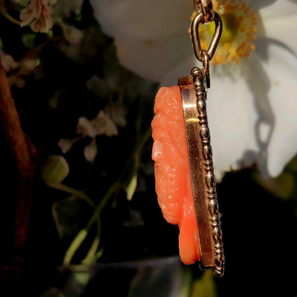 Victorian Coral Cameo Pendant: Hand Carved Gemma, 14k Gold