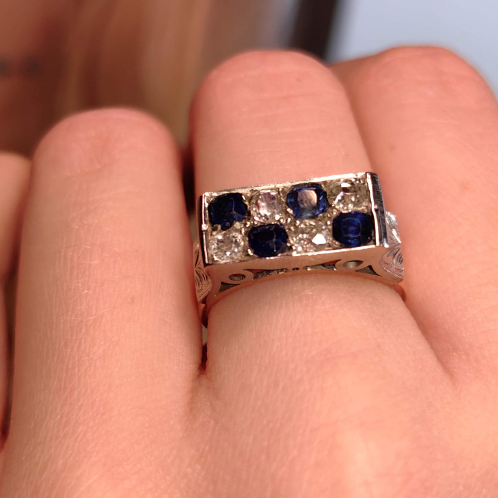 1930s Art Deco 14k Gold Diamond & Sapphire Elegant Chevalier Sports Ring Large Statement  Unisex Signet Ring Gift Present