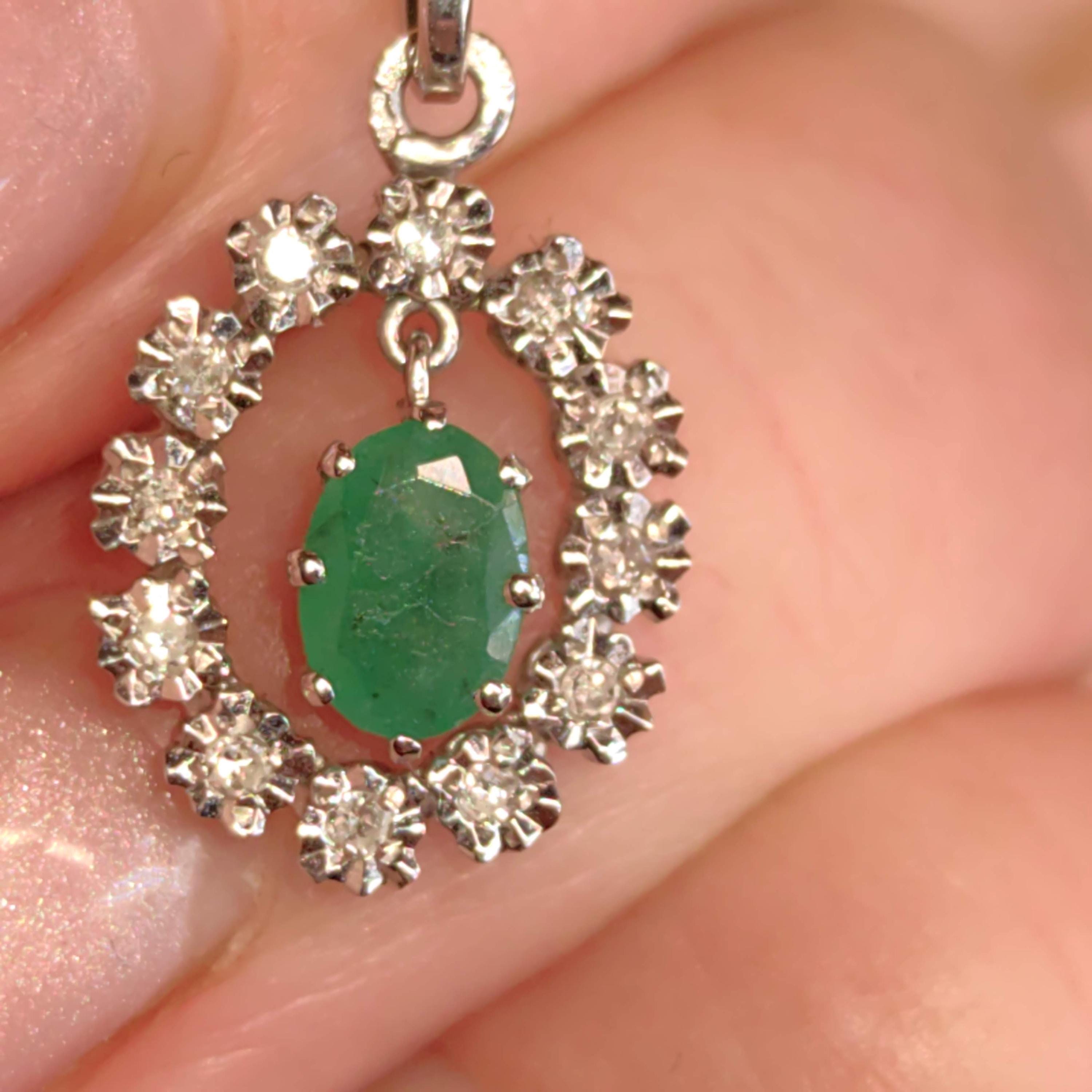 Natural Emerald and Diamond 14k Solid White Gold Dangle Charm Pendant Elegant Dainty Vintage Gift her Present