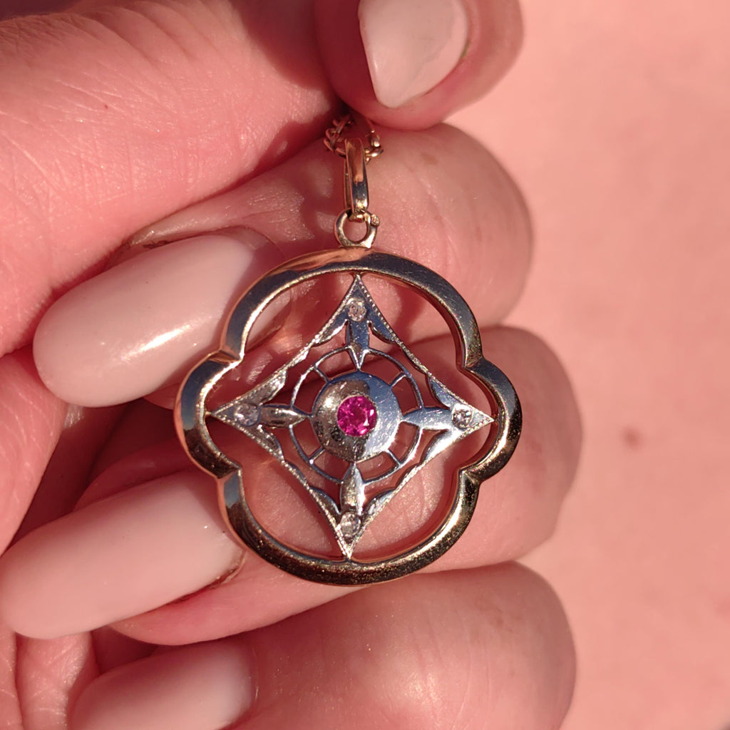 Art Nouveau Diamond Ruby Pendant 18k Solid Yellow and White Gold Geometric Openwork Pendant  1900s Vintage Gift for Her