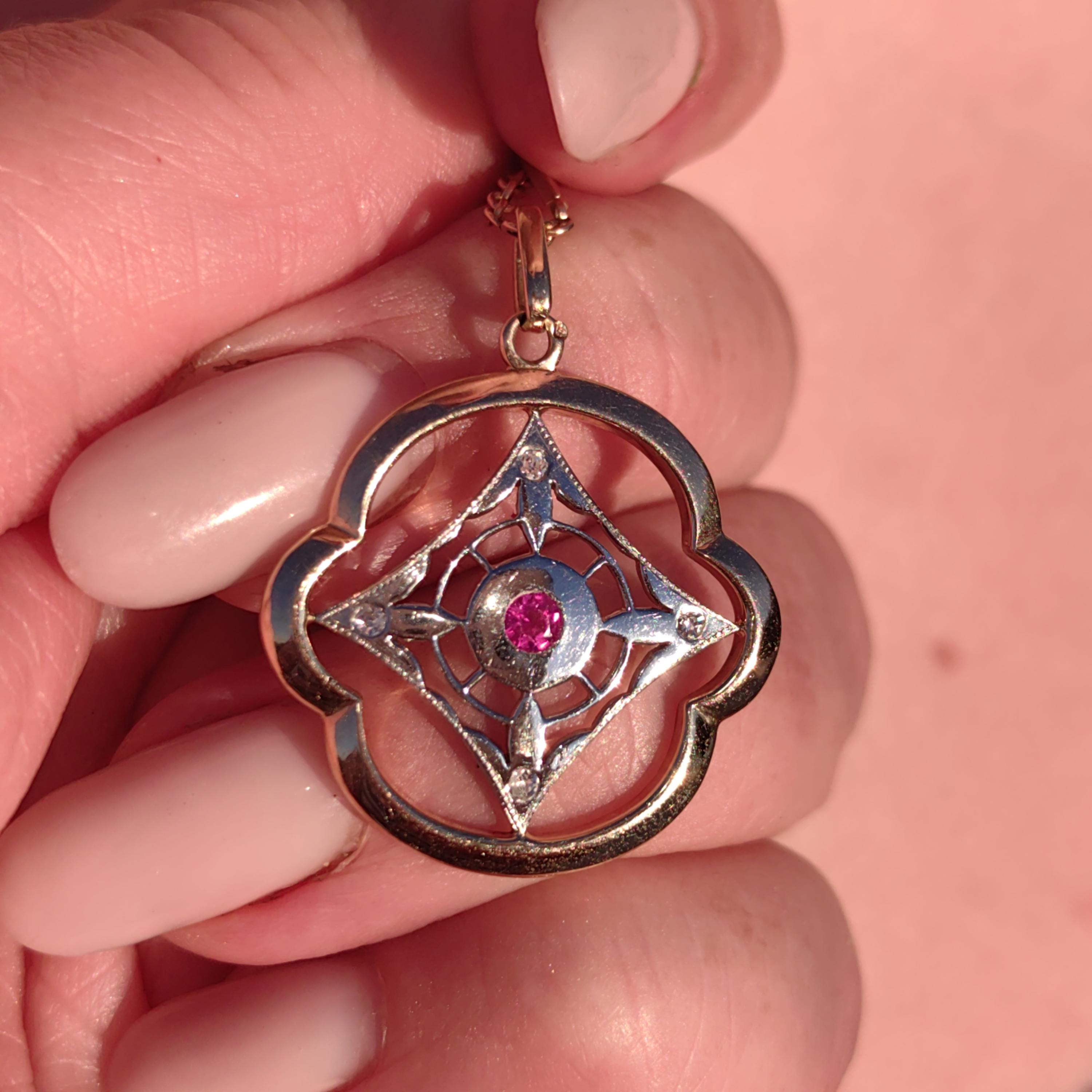 Art Nouveau Diamond Ruby Pendant 18k Solid Yellow and White Gold Geometric Openwork Pendant  1900s Vintage Gift for Her