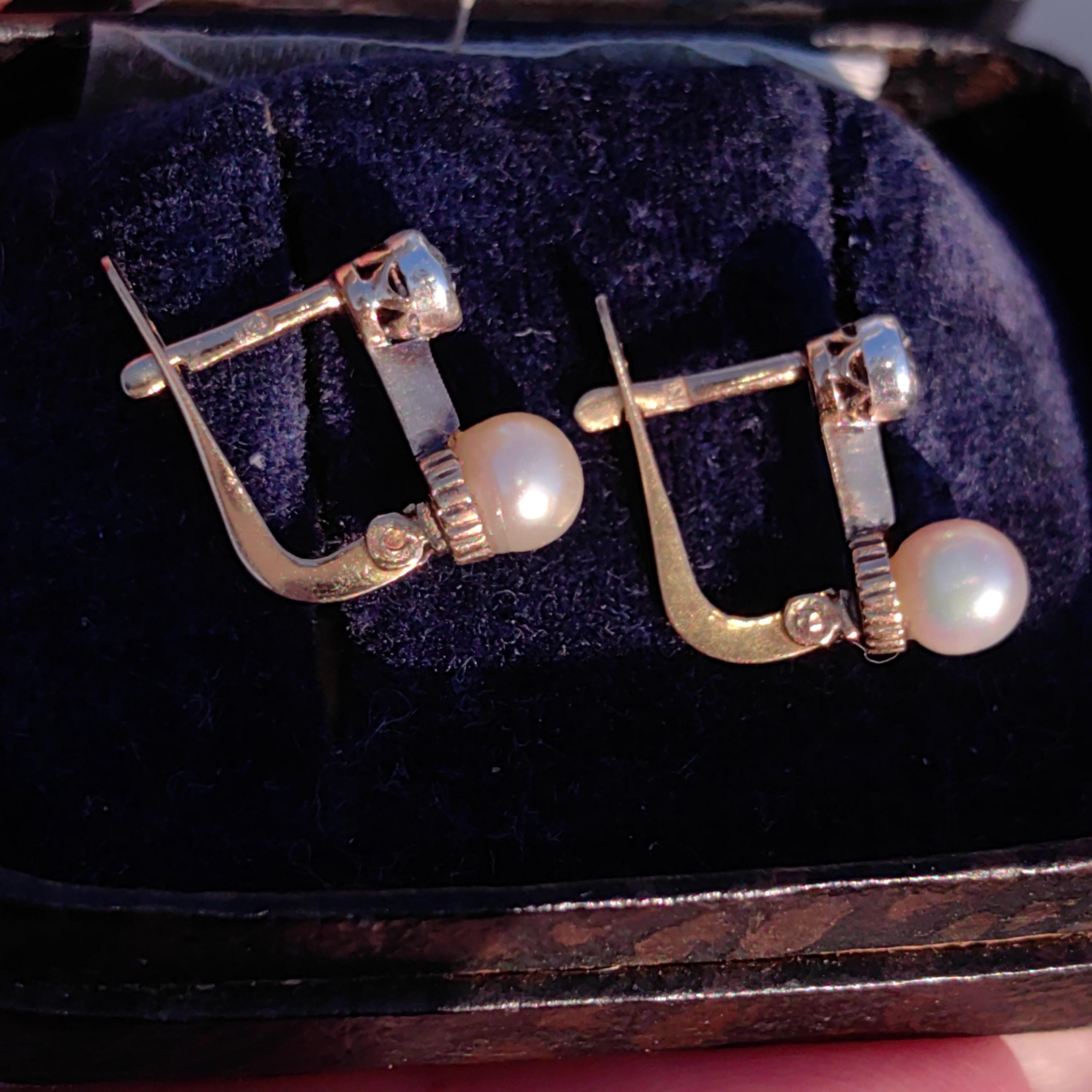 Diamond Pearl Solid Yellow 18k Gold Art Deco 1930s Elegant Sleepers Dormouse Dangle Drop Latch Back Antique Vintage Earrings Gift for Her
