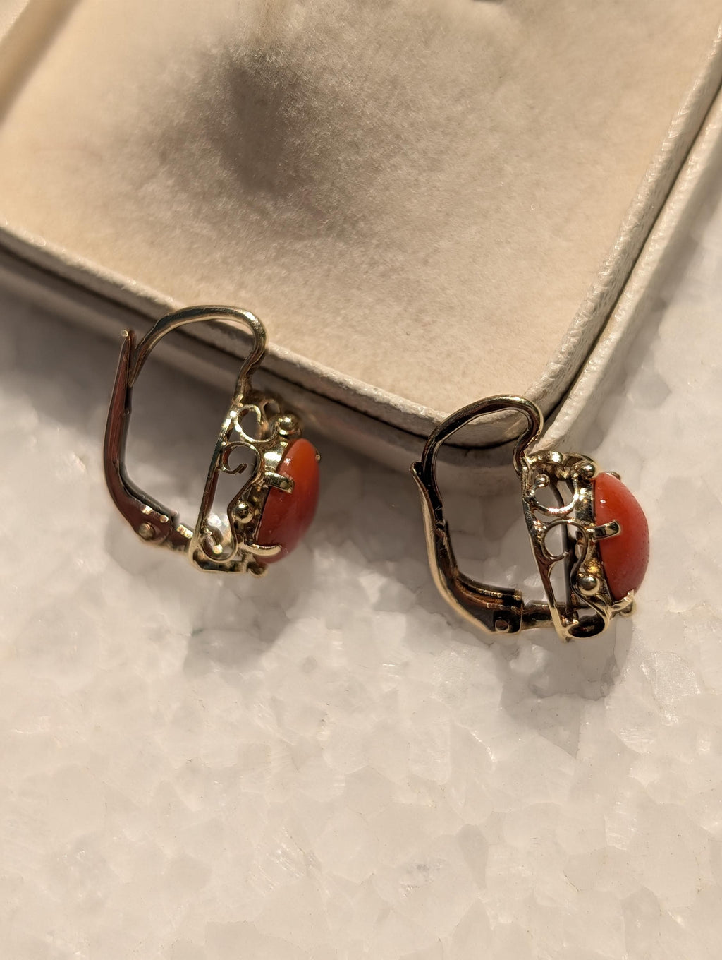 Victorian 1900s 14k Yellow Gold Coral Sleeper Earrings, Antique Oval Red Coral Lever Back Earrings, 9x15mm Art Nouveau US Duty Free HTS 9706